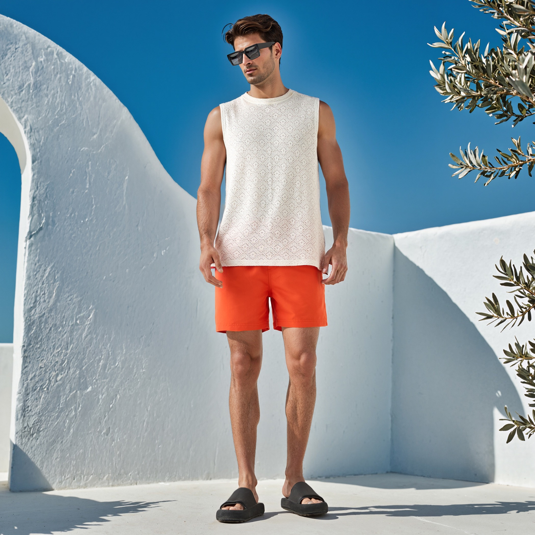 Drawstring Closure Swim Shorts with Pockets-sports-men-clothing-swimwear-image-2