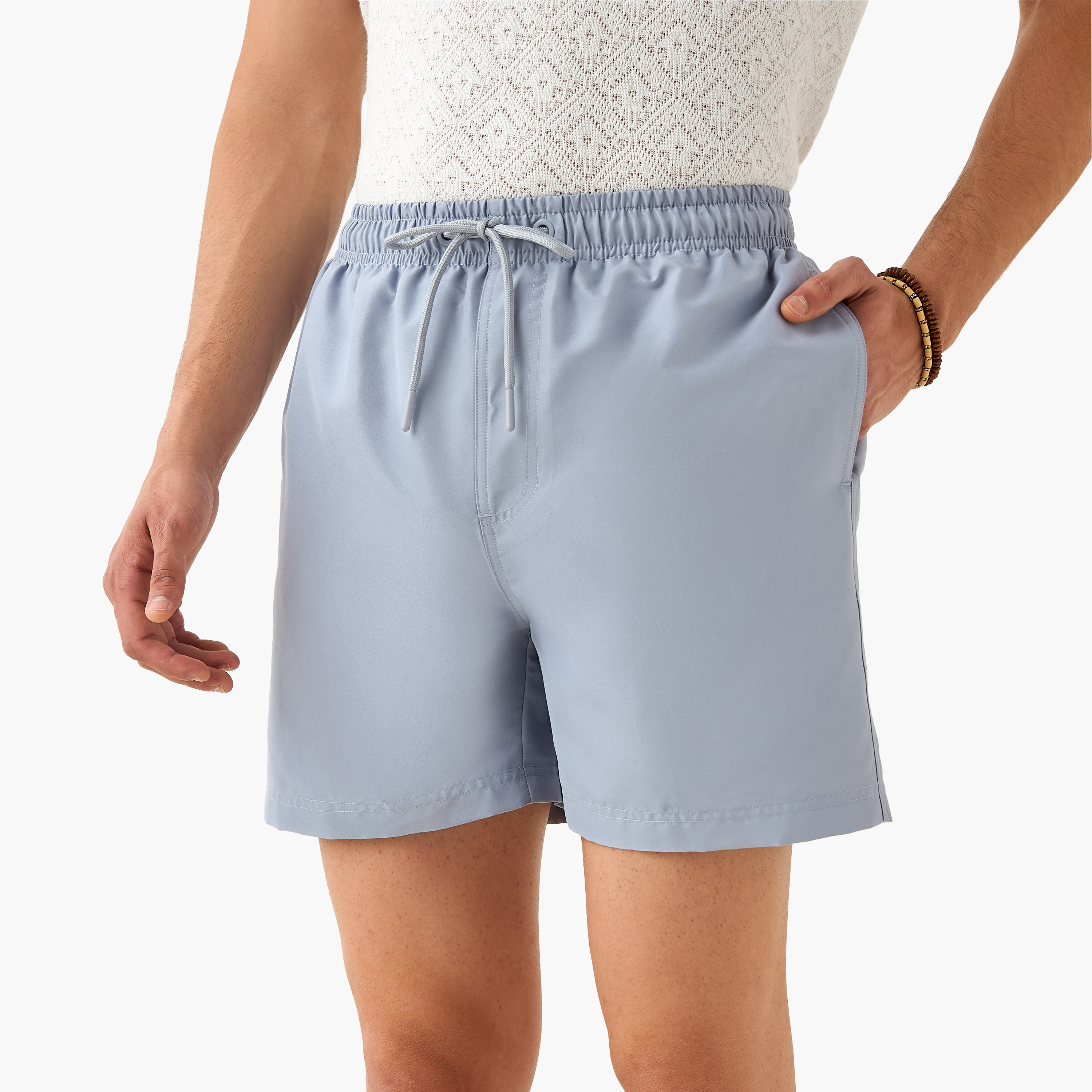 Elasticated Waistband Swim Shorts with Pockets-sports-men-clothing-swimwear-image-1
