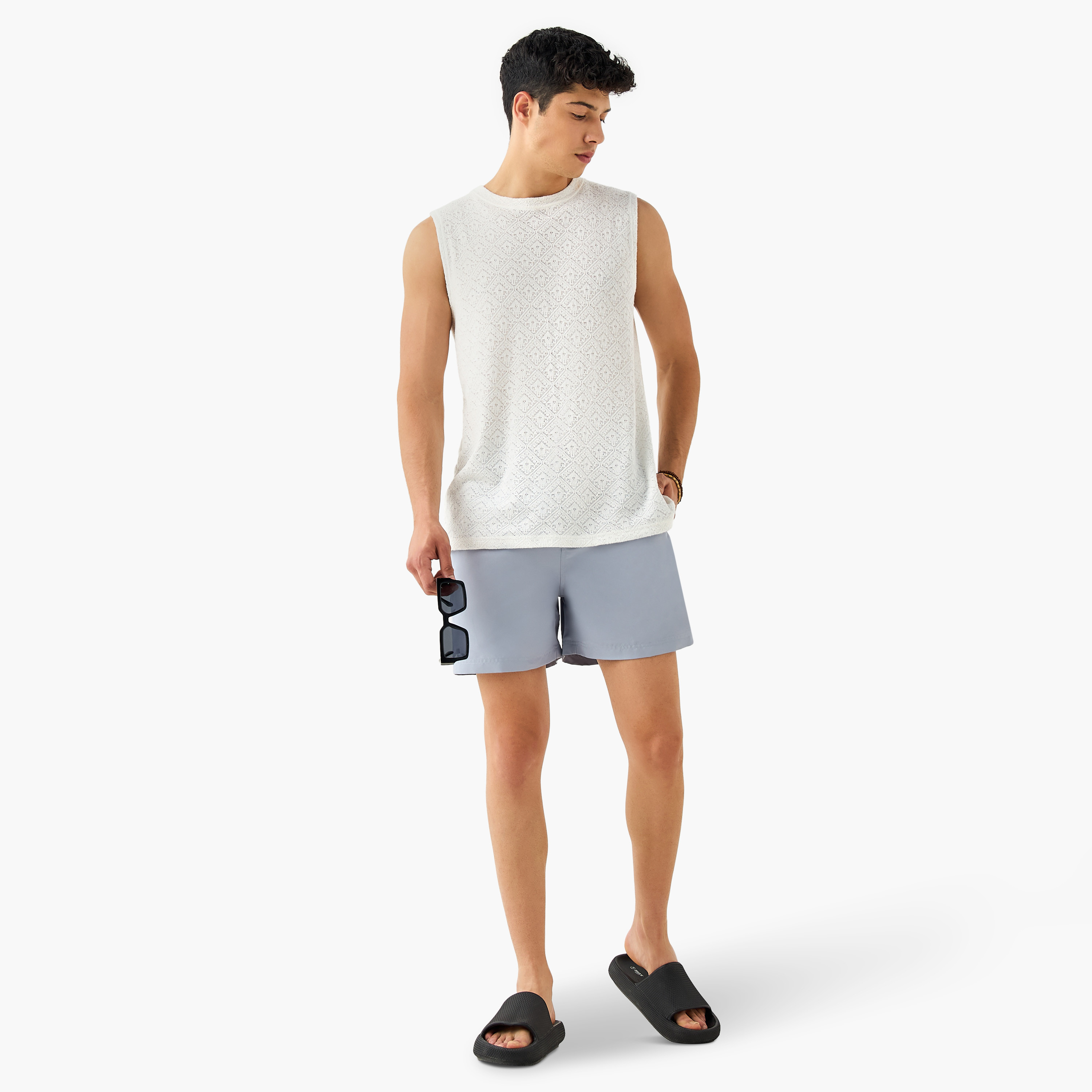 Elasticated Waistband Swim Shorts with Pockets-sports-men-clothing-swimwear-image-2