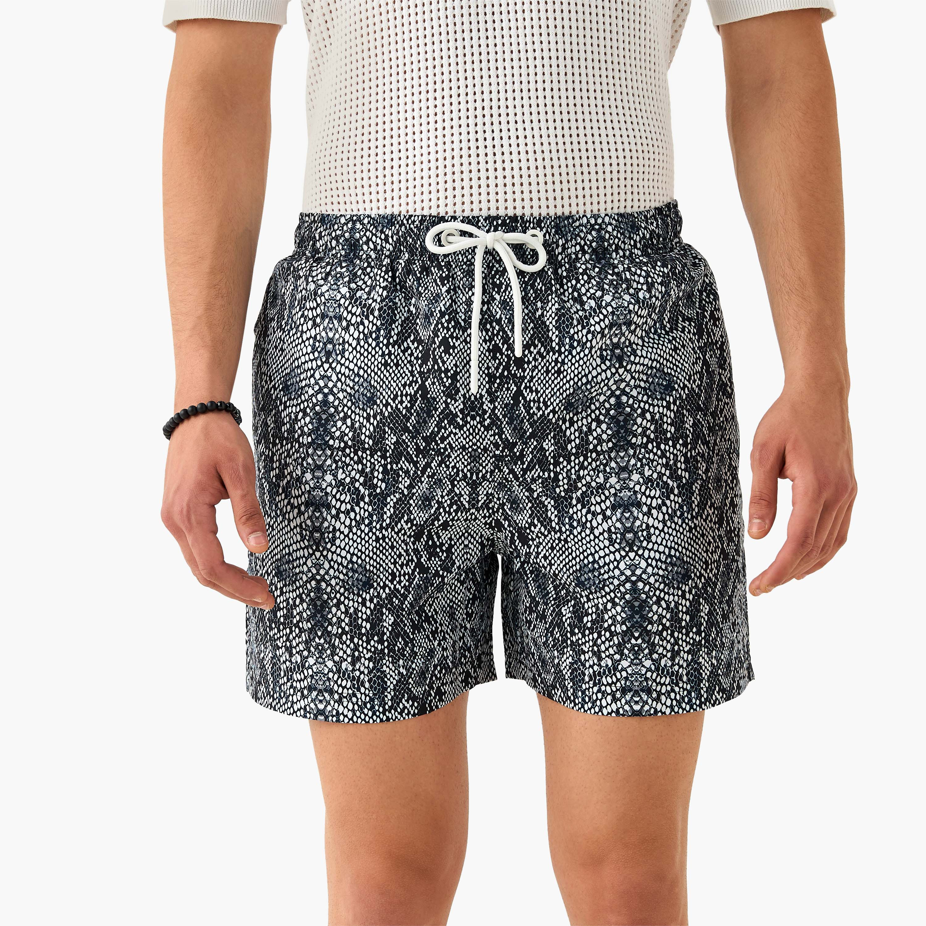 Snake Print Swim Shorts with Pockets-sports-men-clothing-swimwear-image-1