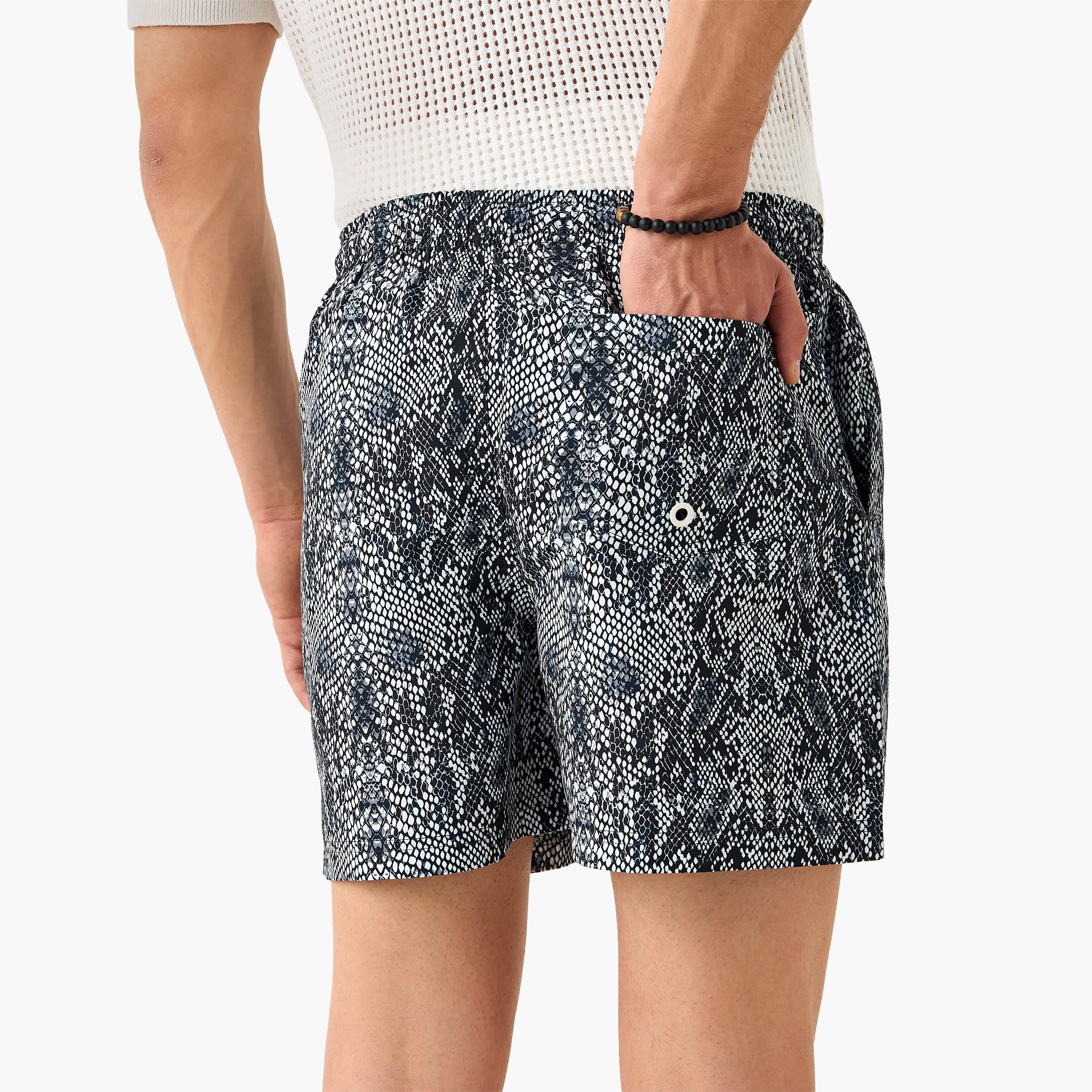 Snake Print Swim Shorts with Pockets-sports-men-clothing-swimwear-image-3