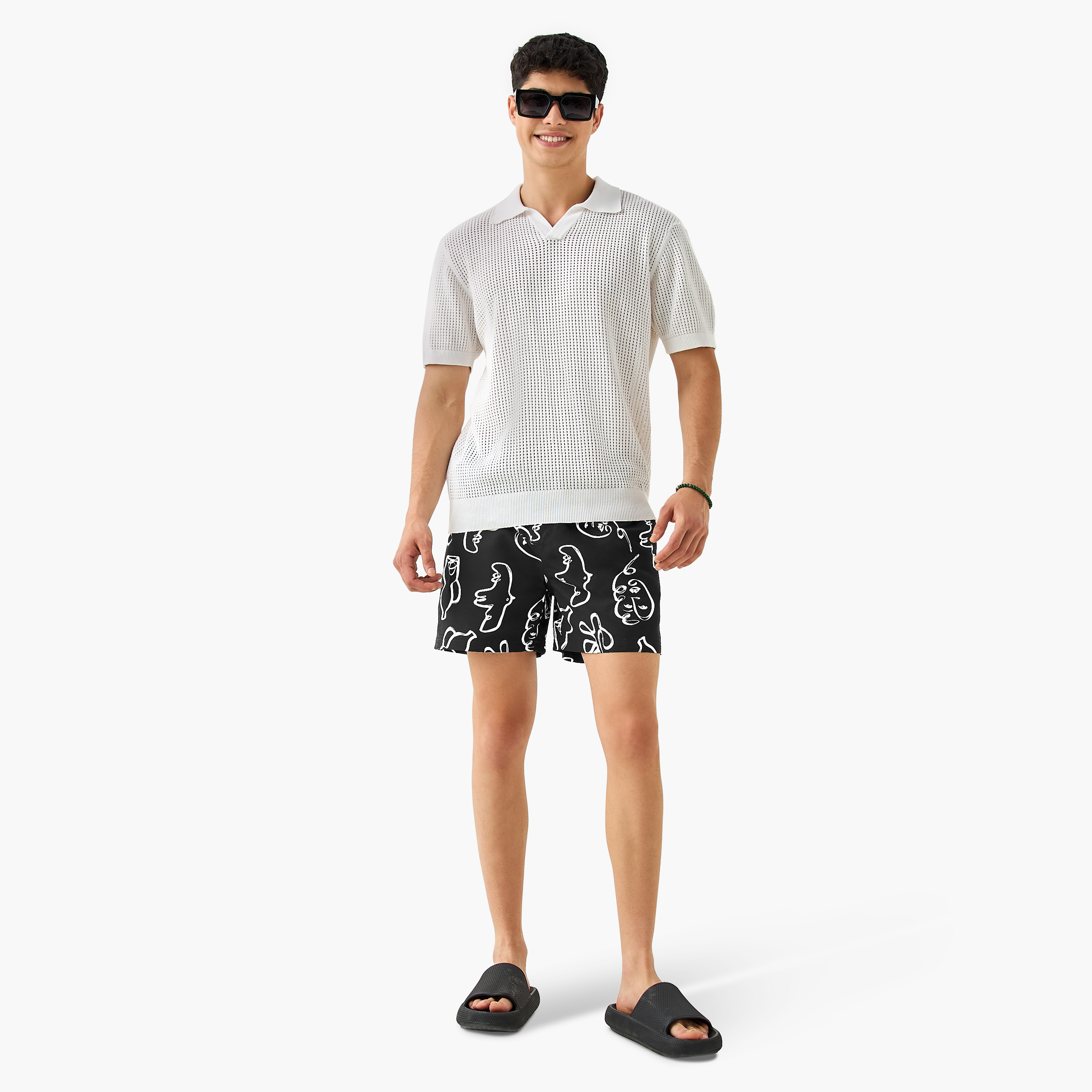 All-Over Face Print Swim Shorts with Drawstring Closure-sports-men-clothing-swimwear-image-2
