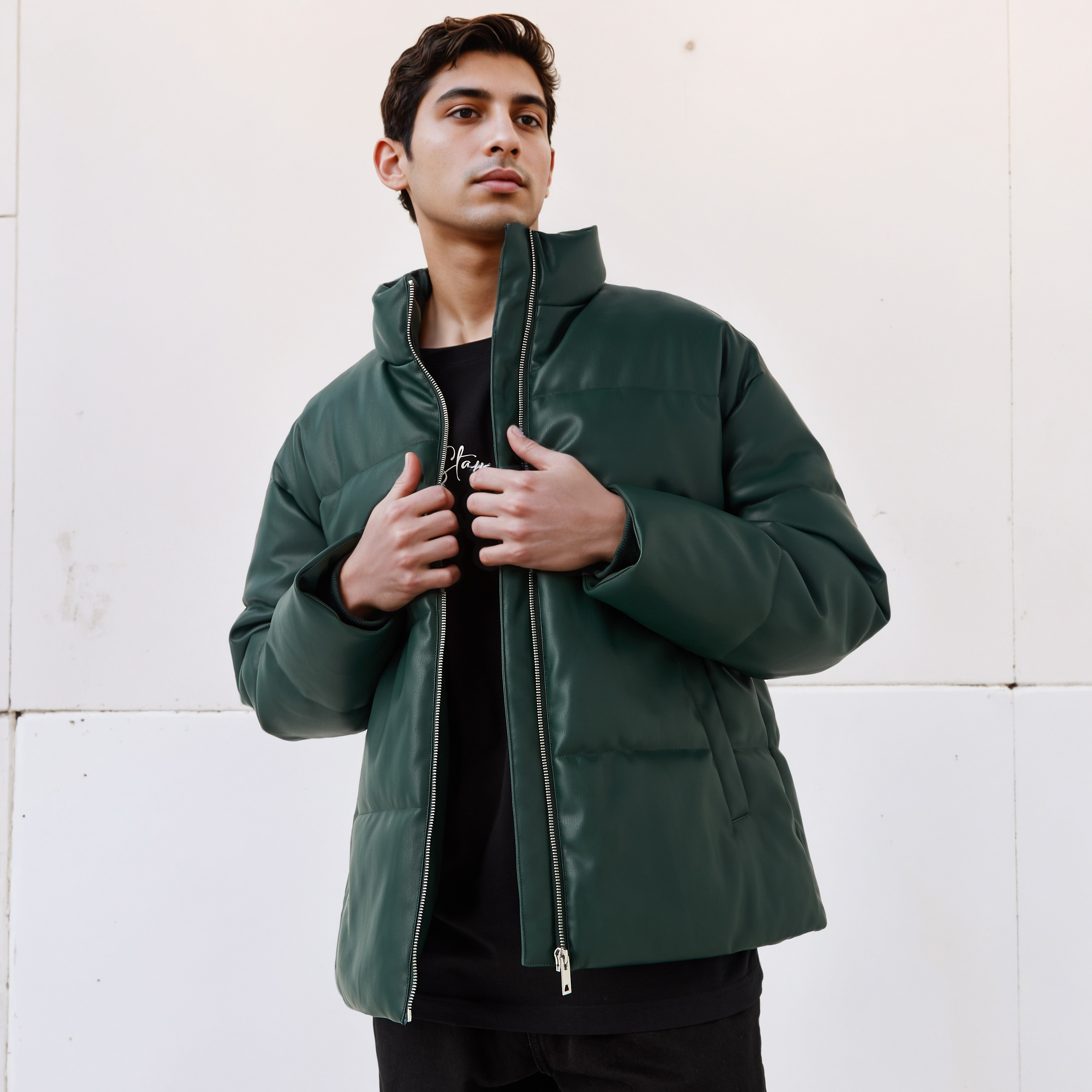 Men Regular Fit High Neck Bomber PU Jacket-men-clothing-jacketsandblazers-jackets-image-1
