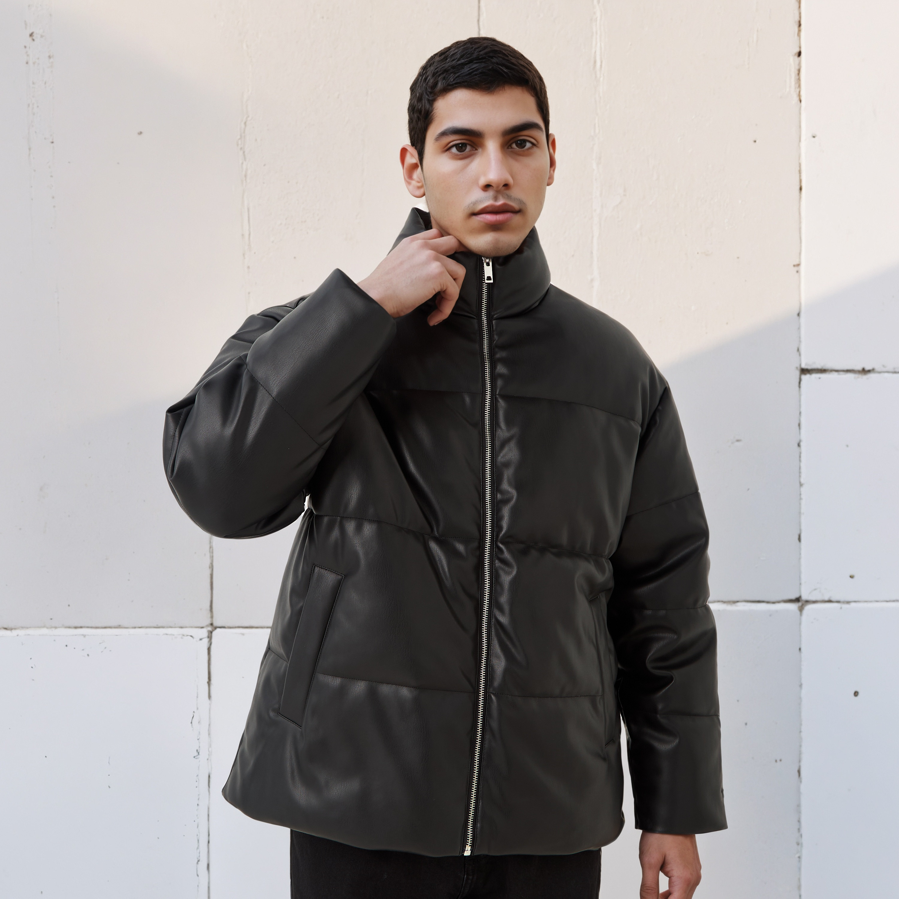 Men Regular Fit High Neck Bomber PU Jacket-men-clothing-jacketsandblazers-jackets-image-1