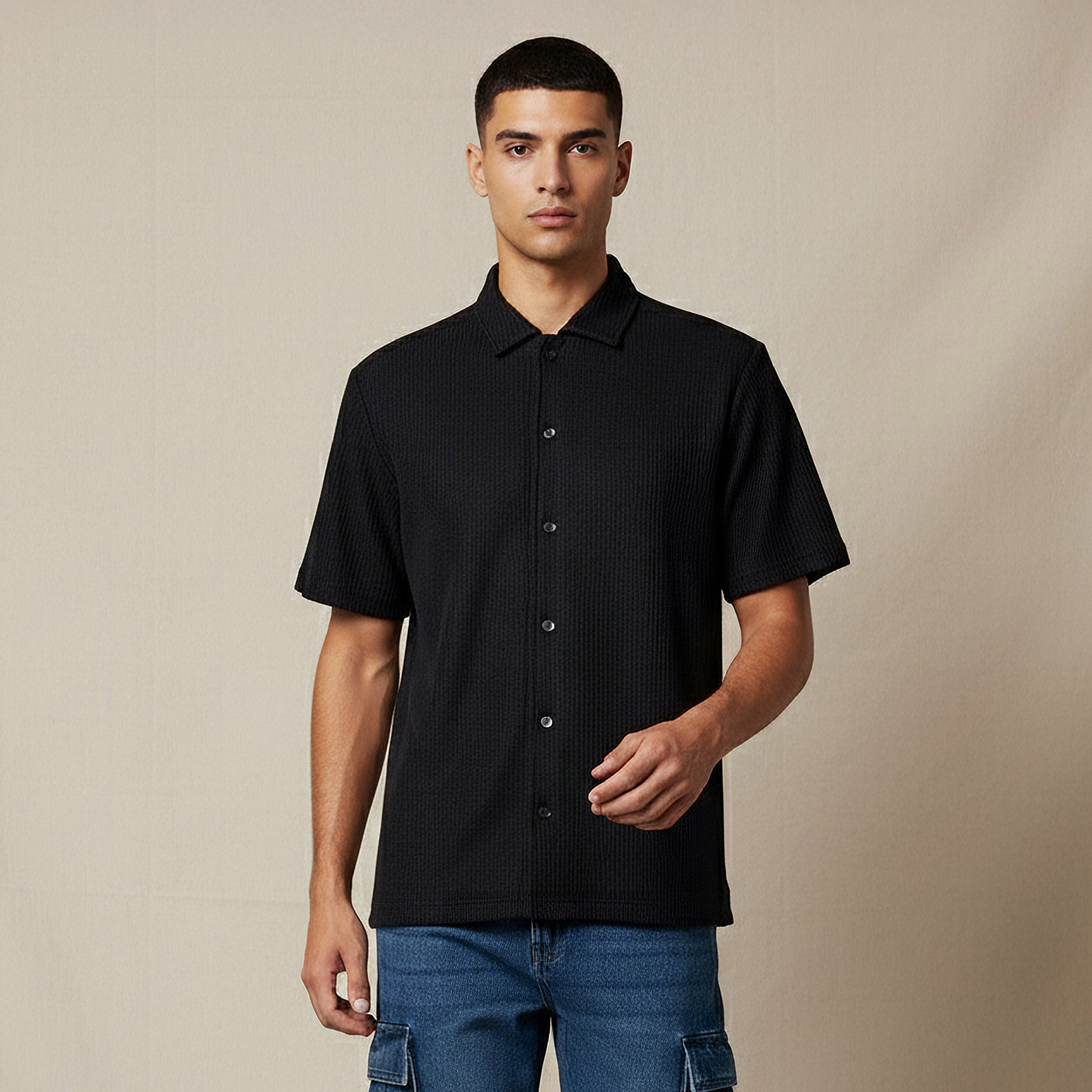 Men Regular Fit Crew Neck Short Sleeve Textured Shirt-men-clothing-tshirtsandpolos-tshirts-image-1