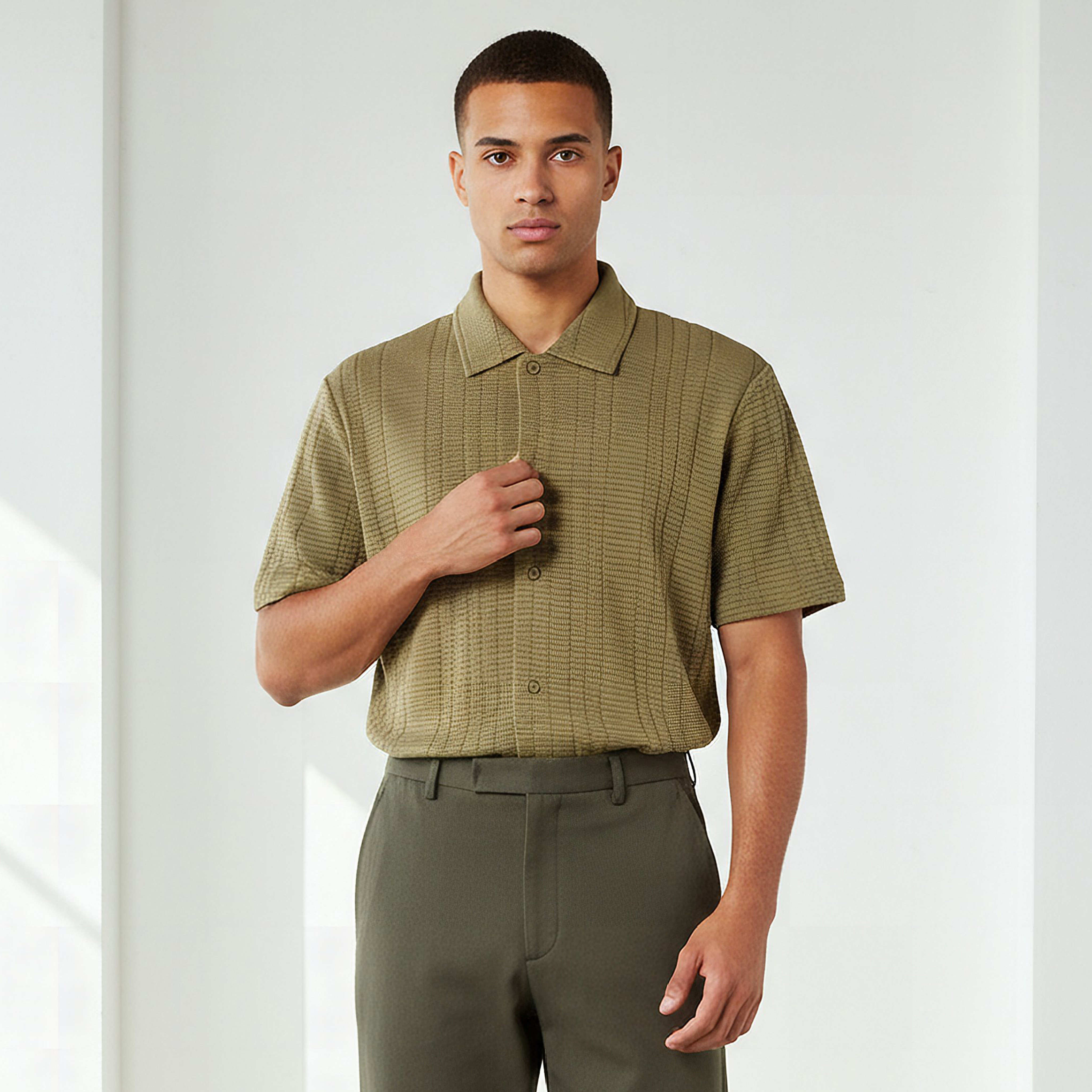 قميص بقصة عادية وياقة وأكمام قصيرة وملمس بارز للرجال-men-clothing-shirts-image-1
