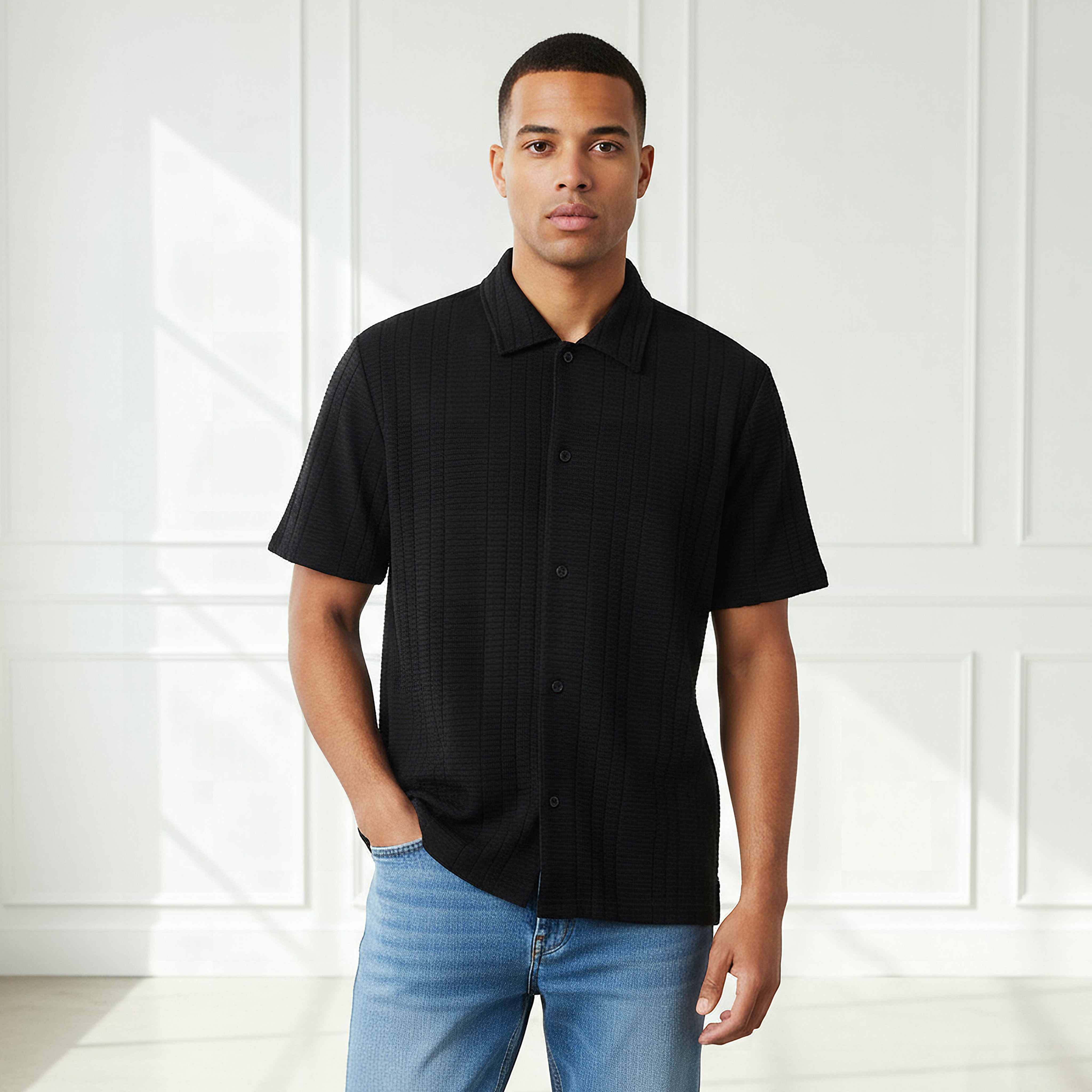 Men Regular Fit Collared Textured Short Sleeves Shirt-men-clothing-shirts-image-1