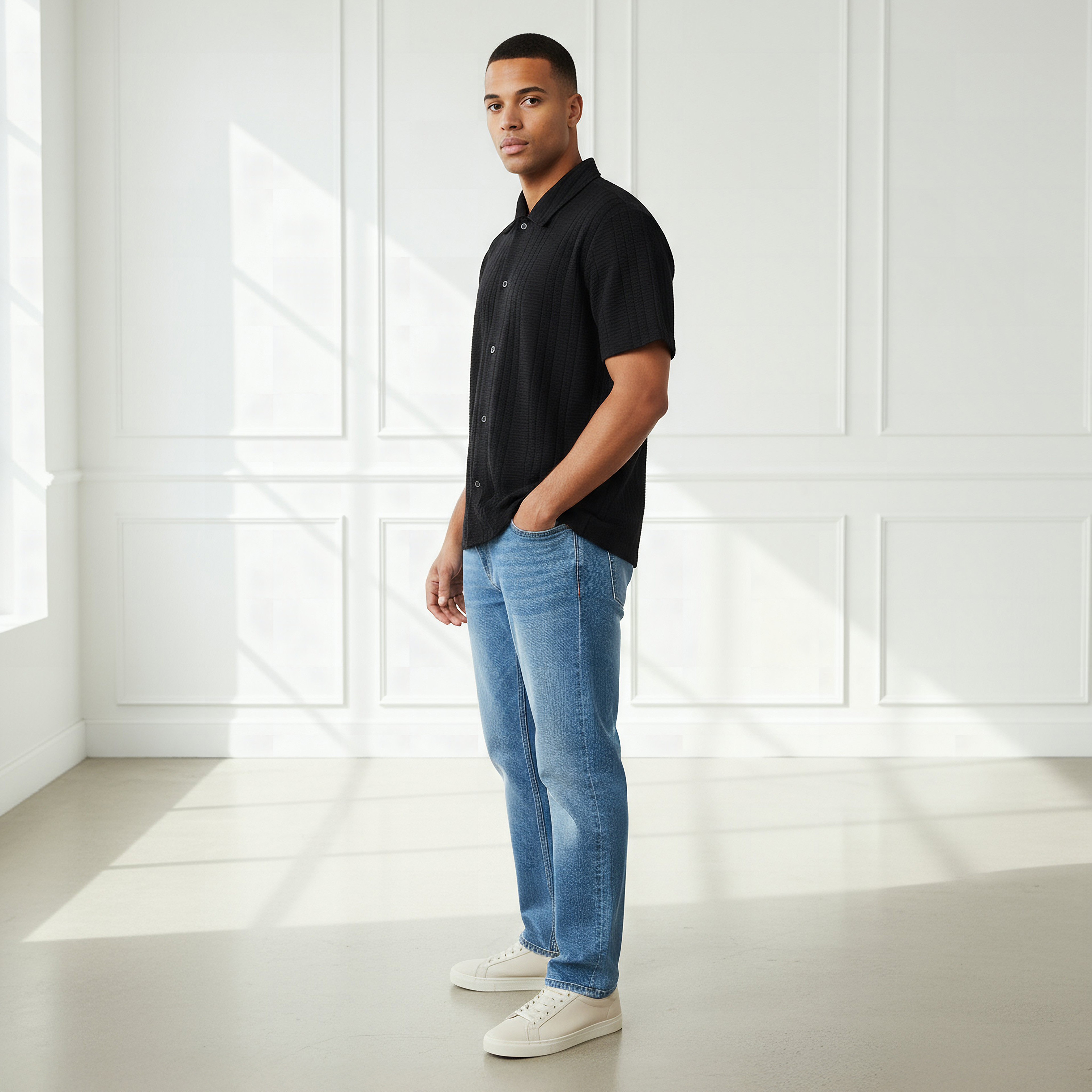 Men Regular Fit Collared Textured Short Sleeves Shirt-men-clothing-shirts-image-2