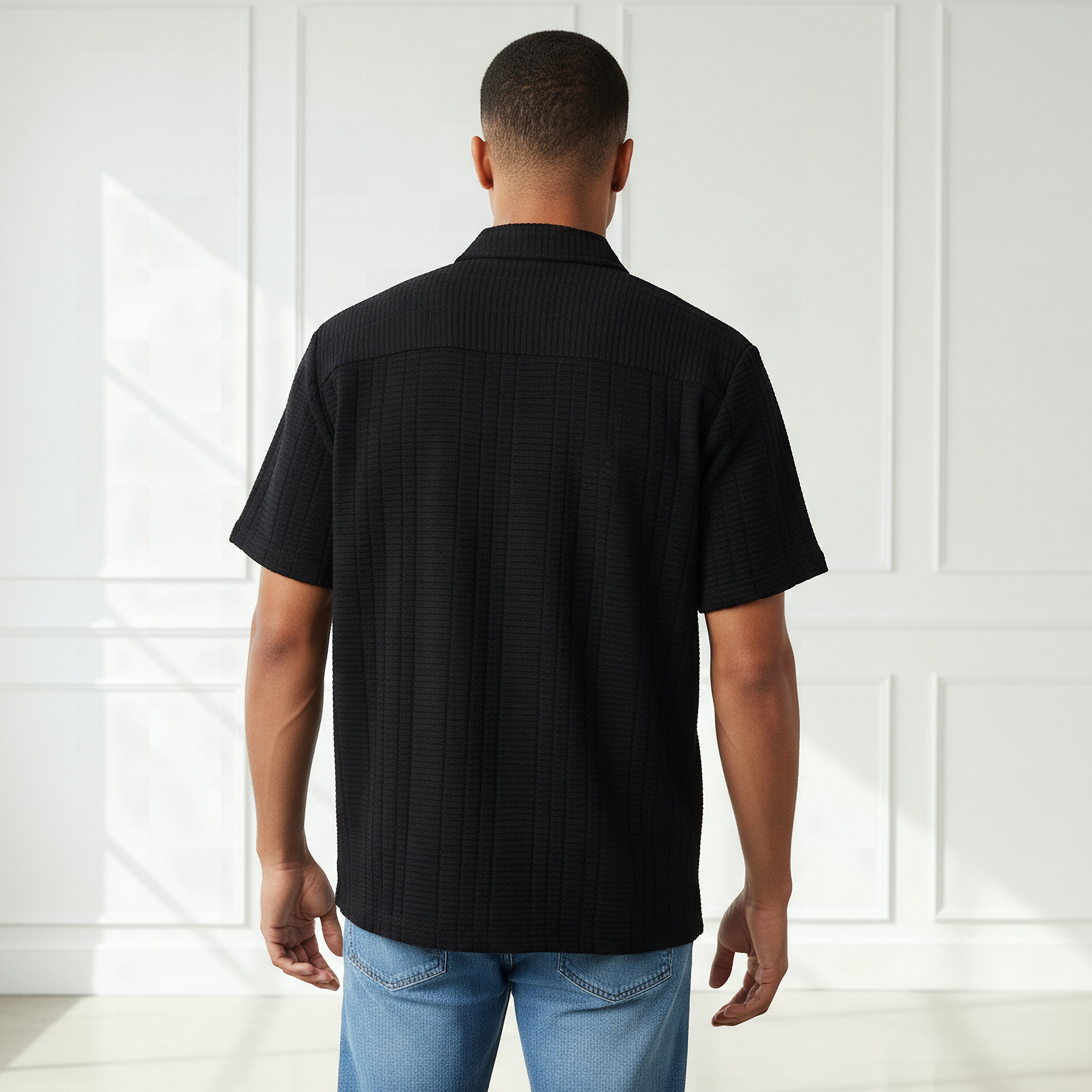 Men Regular Fit Collared Textured Short Sleeves Shirt-men-clothing-shirts-image-3
