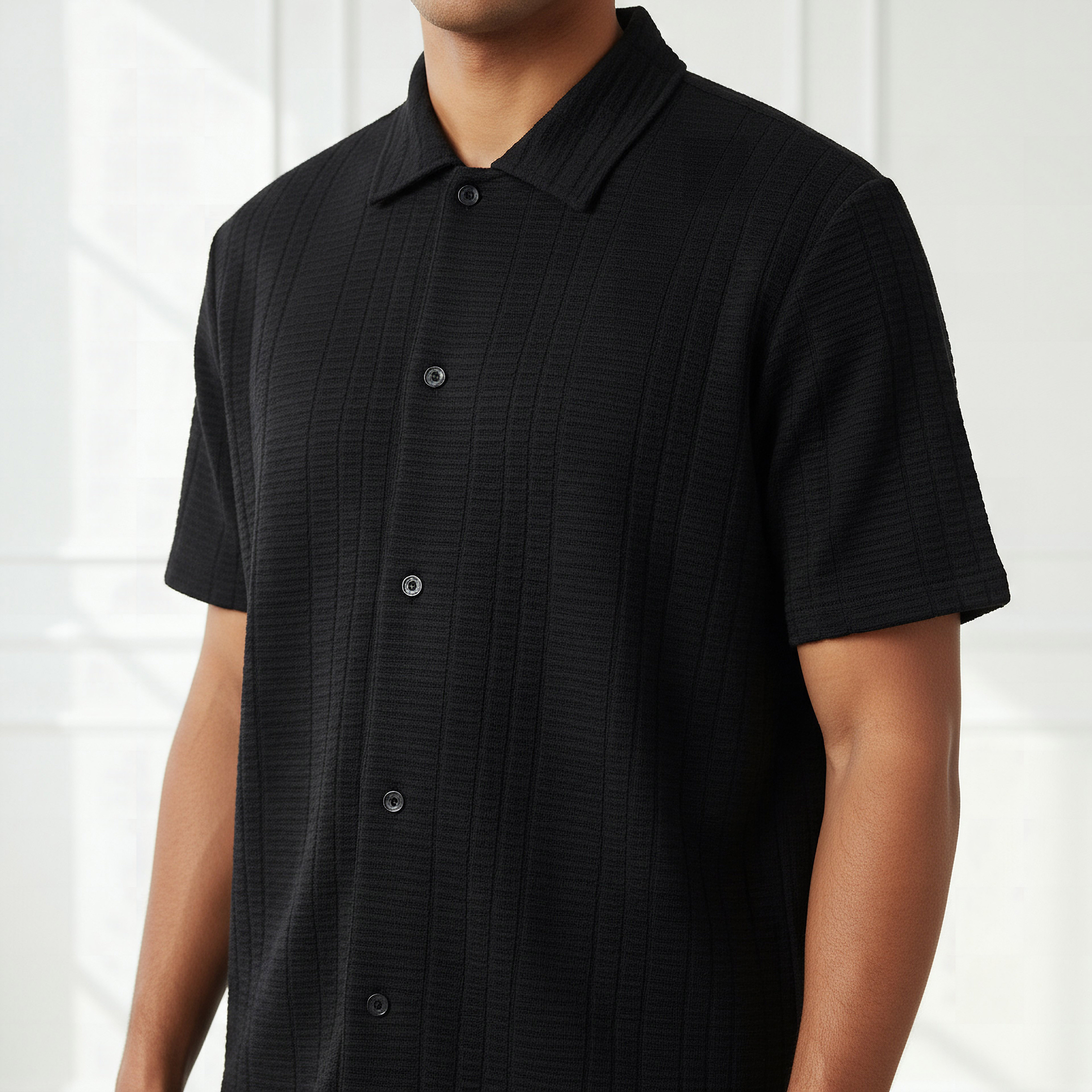 Men Regular Fit Collared Textured Short Sleeves Shirt-men-clothing-shirts-image-4