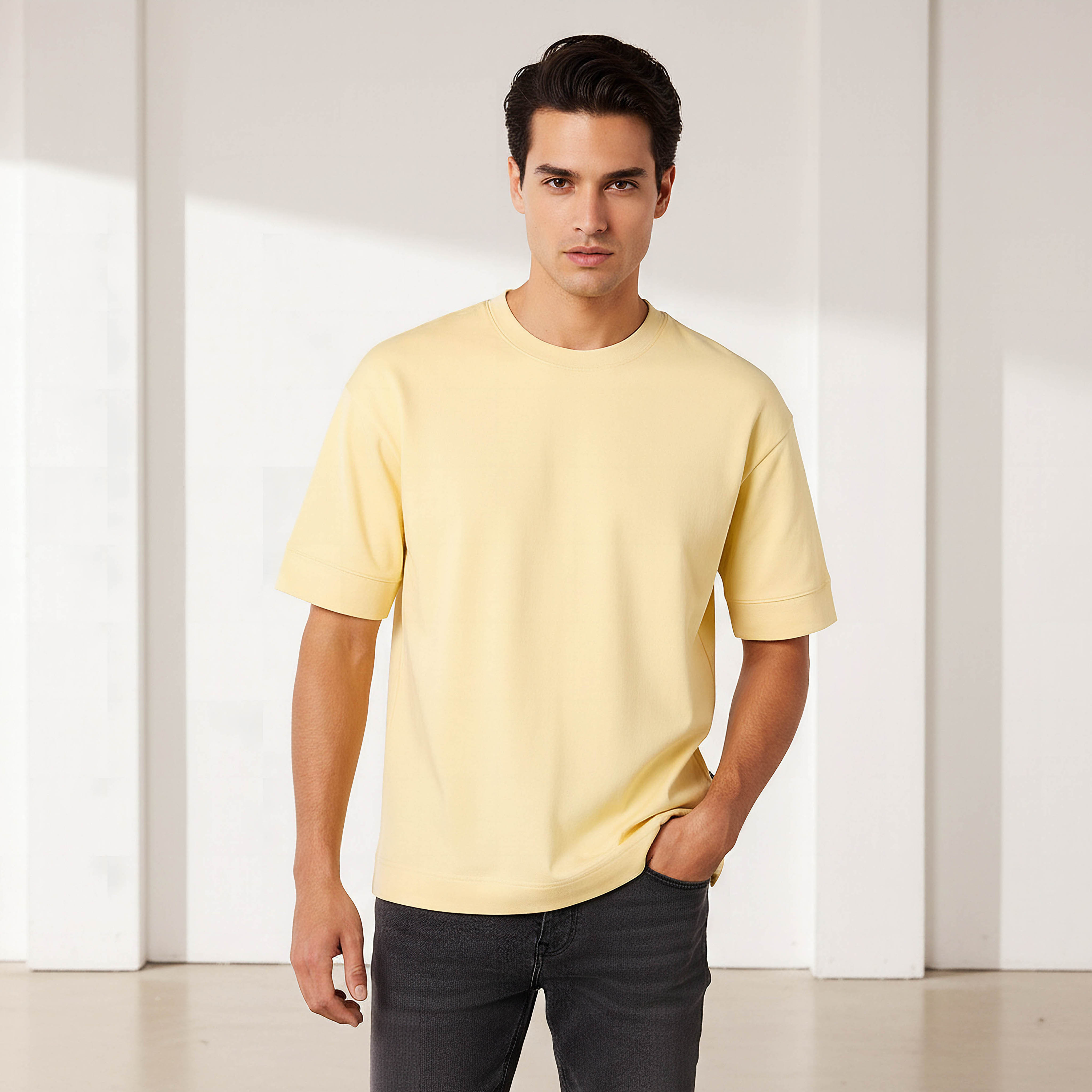 تيشيرت بوكسي رجالي بياقة ضيقة وأكمام قصيرة-men-clothing-tshirtsandpolos-tshirts-image-1