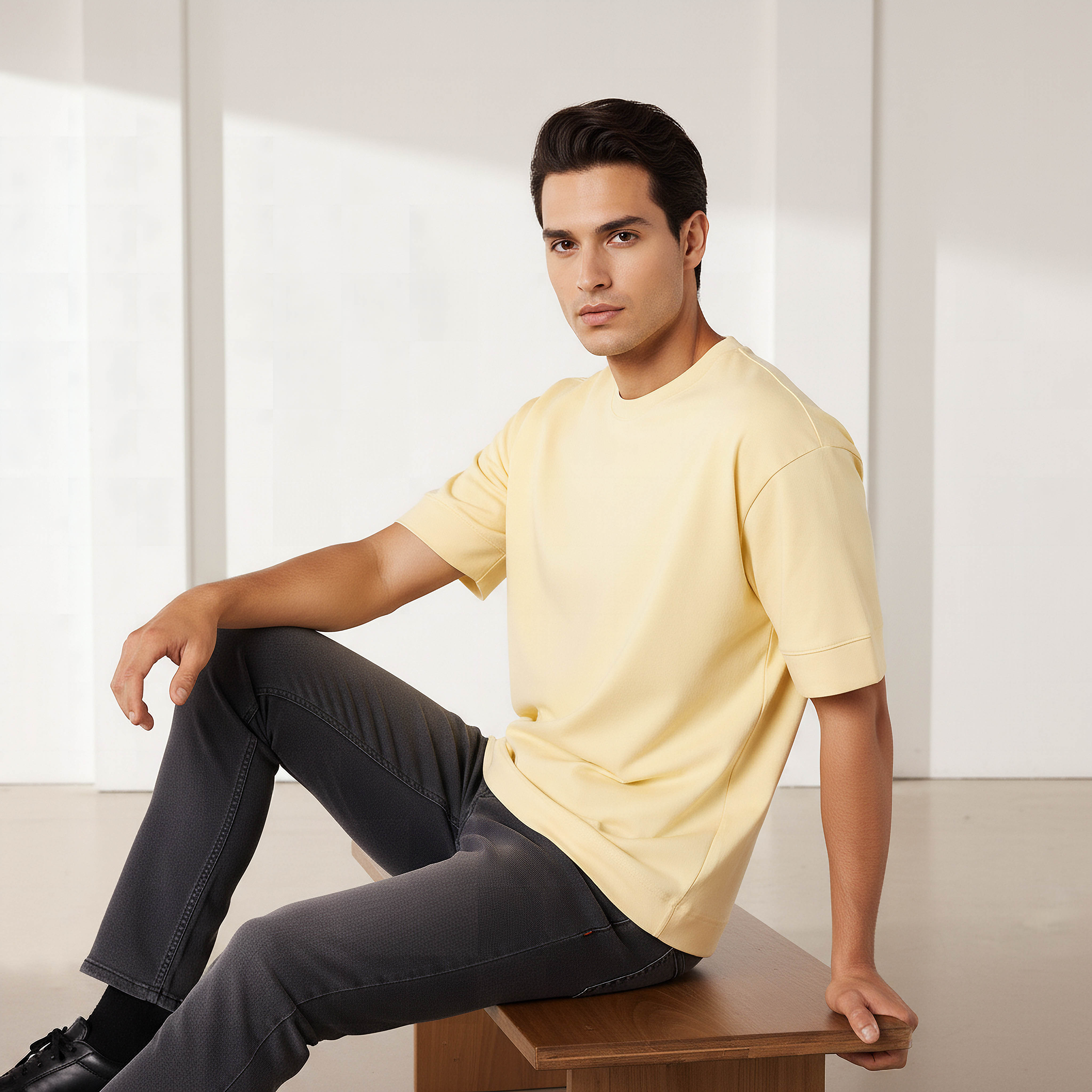 تيشيرت بوكسي رجالي بياقة ضيقة وأكمام قصيرة-men-clothing-tshirtsandpolos-tshirts-image-5