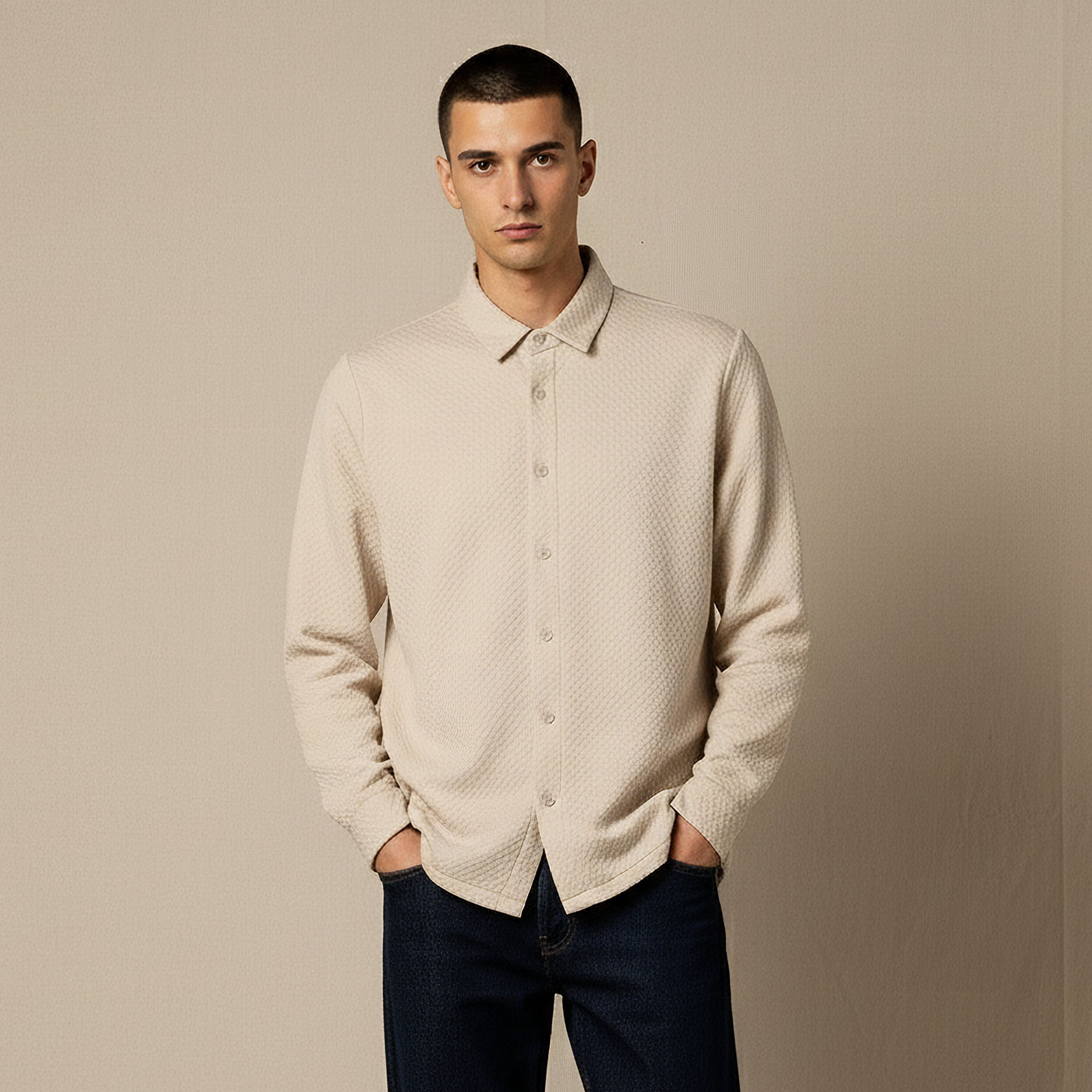 Men Regular Fit Collared Jacquard Textured Long Sleeve Shirt-men-clothing-shirts-image-1