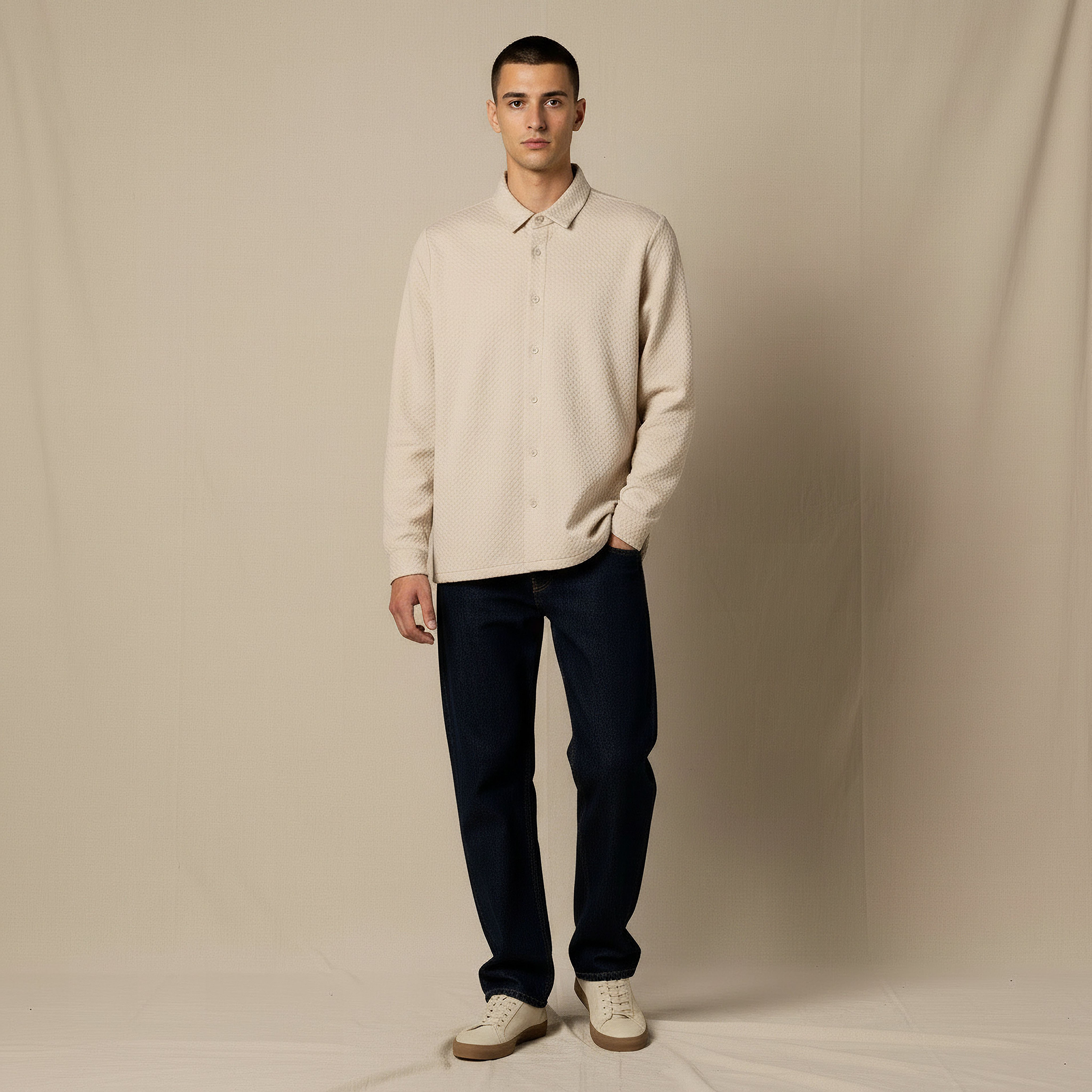 Men Regular Fit Collared Jacquard Textured Long Sleeve Shirt-men-clothing-shirts-image-2