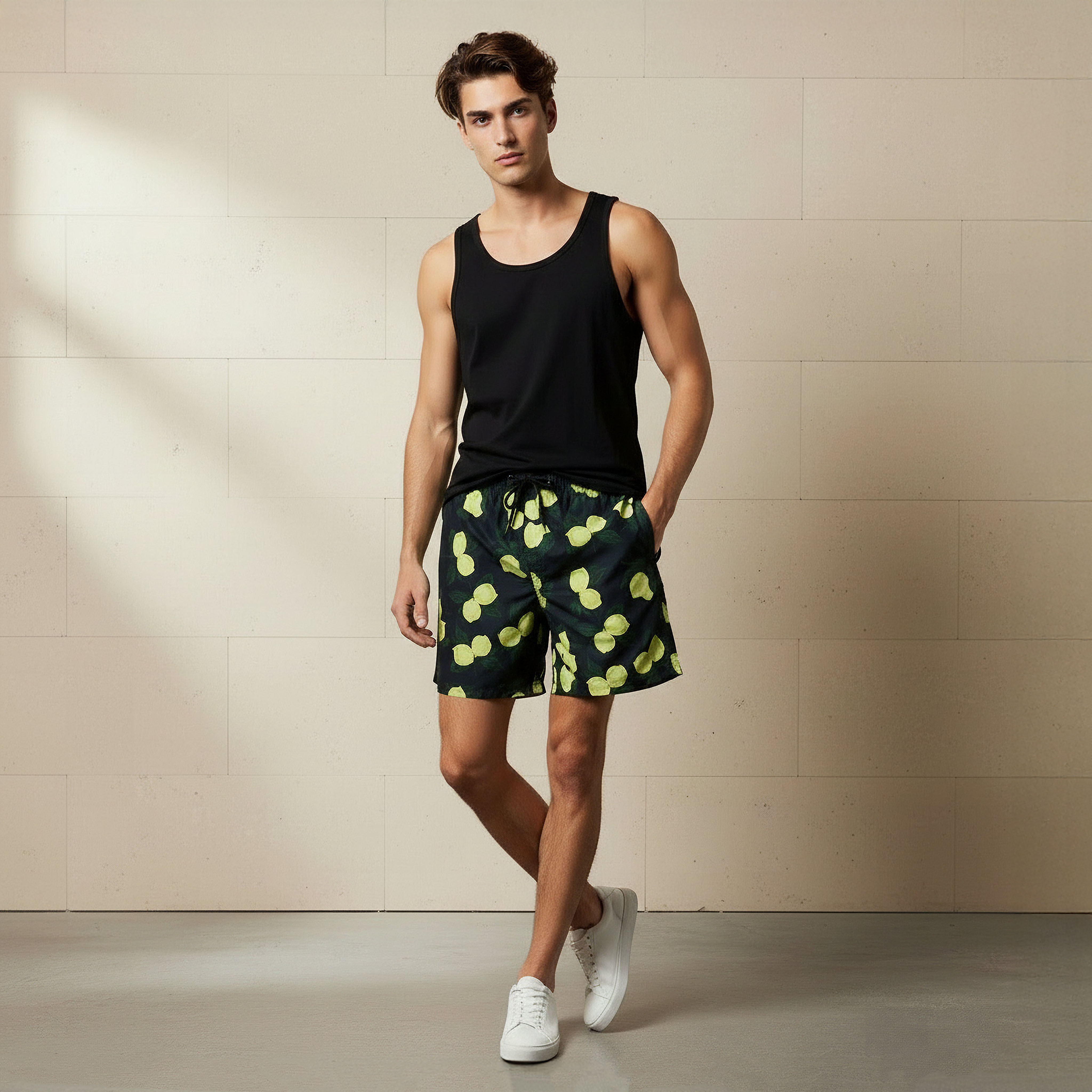 Men Lemon Print Swim Shorts-sports-men-clothing-swimwear-image-2