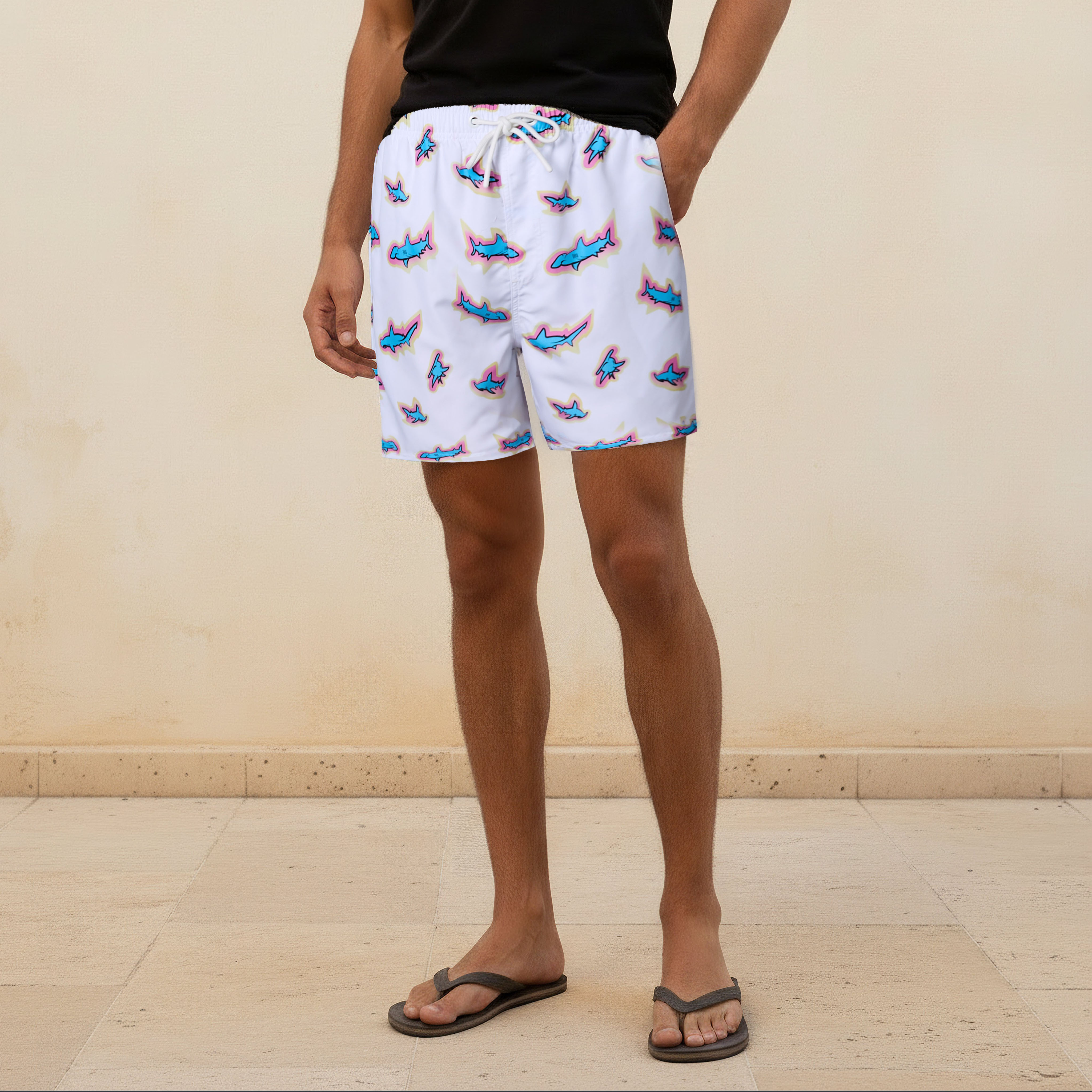 Men Shark Print Swim Shorts-sports-men-clothing-swimwear-image-1