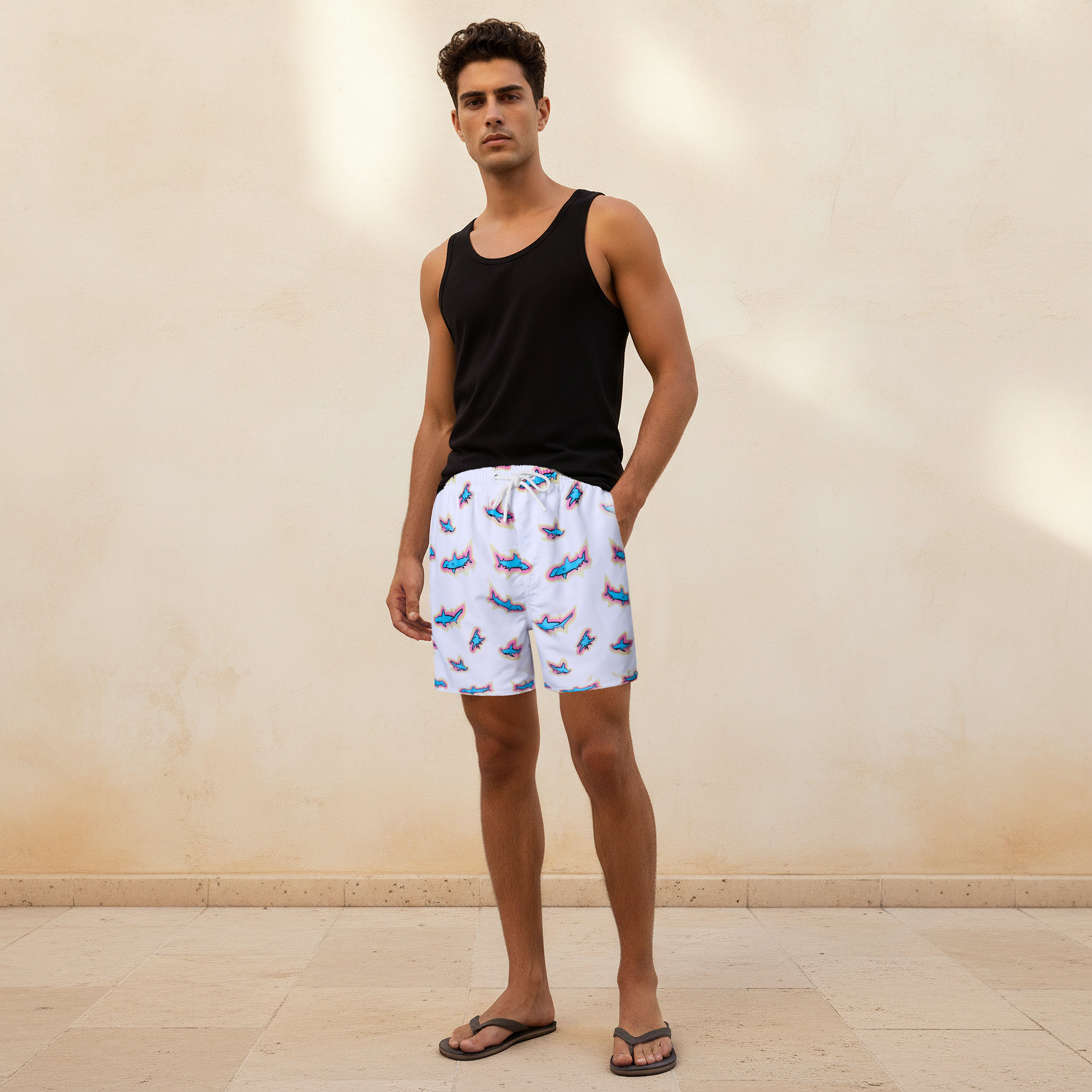 Men Shark Print Swim Shorts-sports-men-clothing-swimwear-image-2