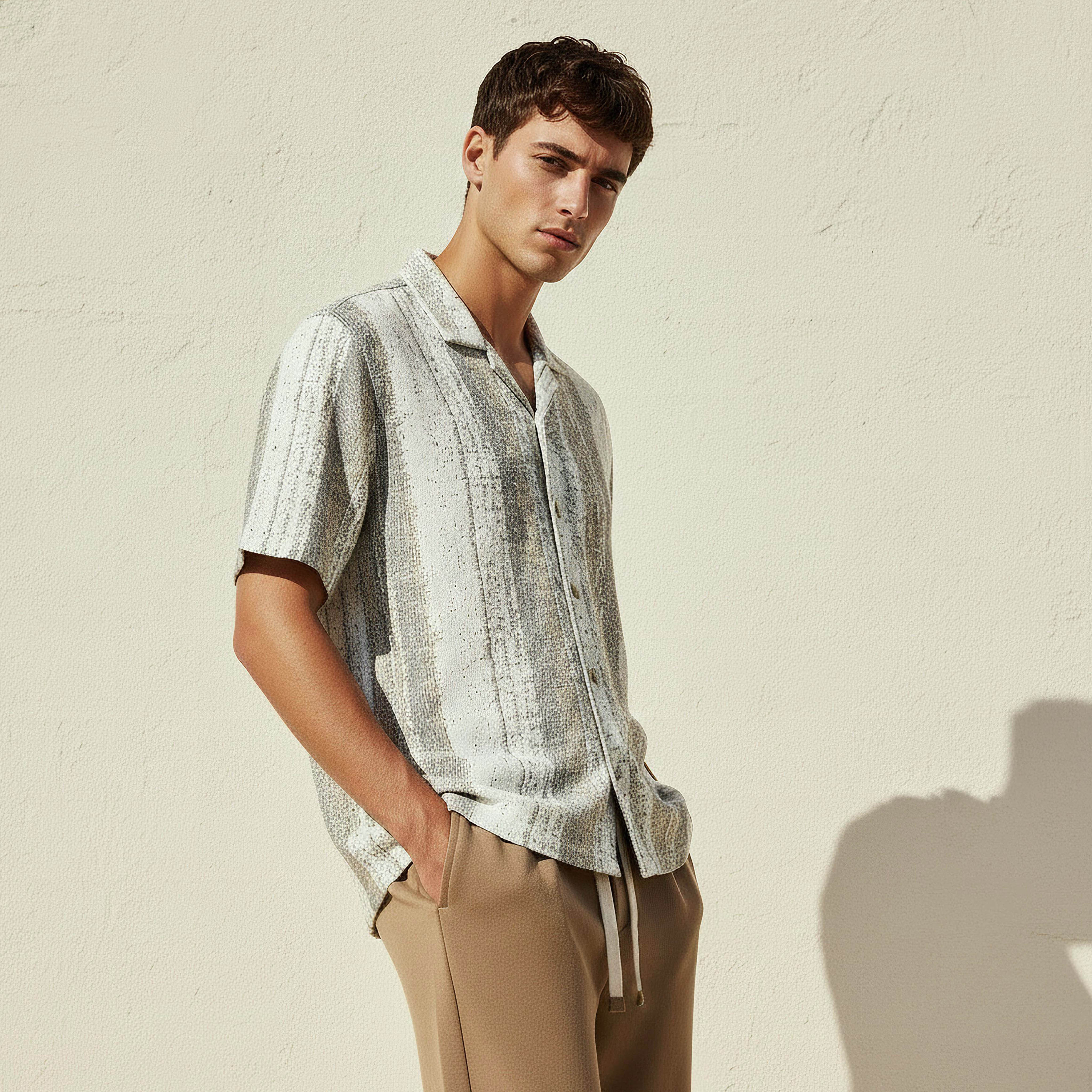 قميص جاكار رجالي بقصة عادية وياقة كامب وأكمام قصيرة-men-clothing-shirts-image-4