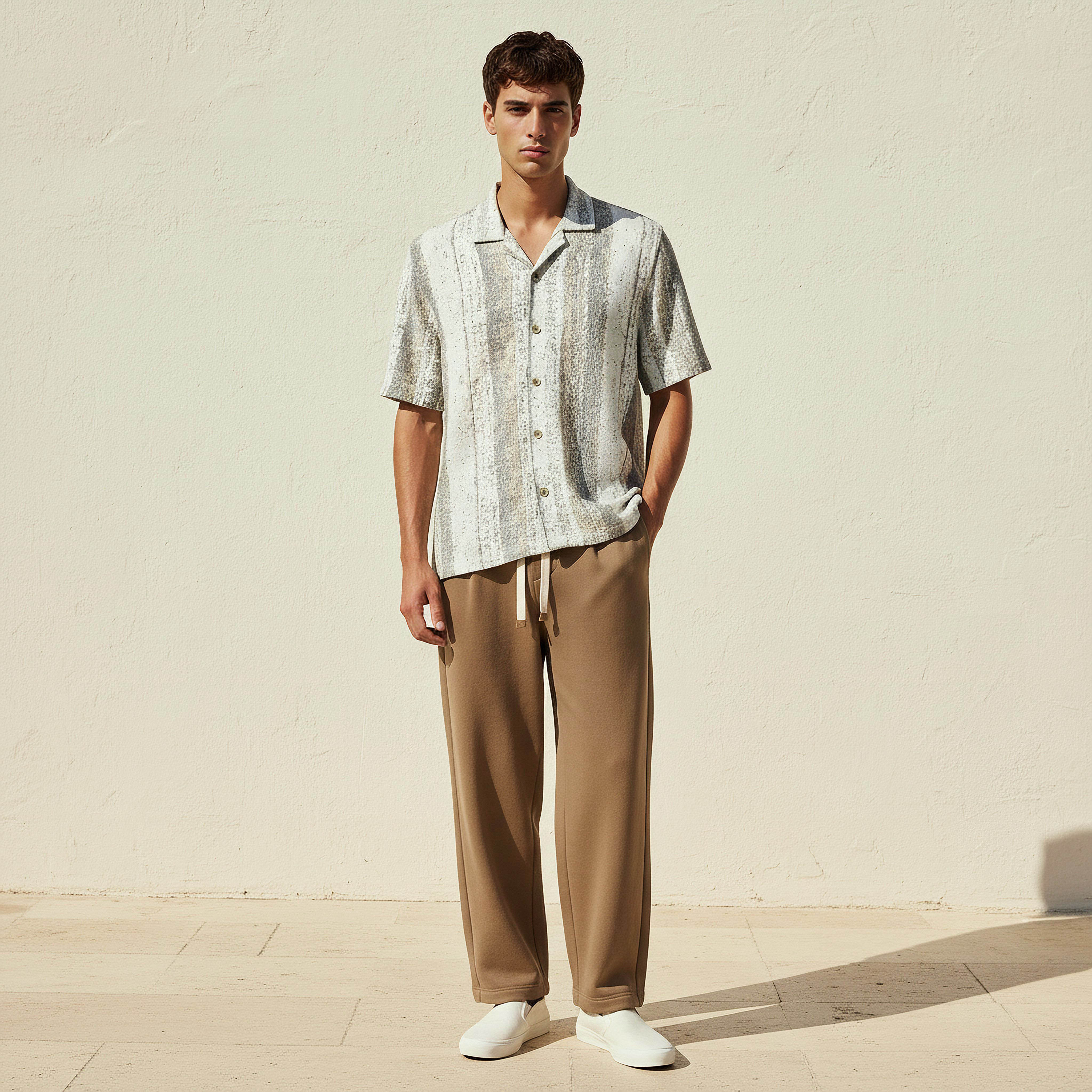 قميص جاكار رجالي بقصة عادية وياقة كامب وأكمام قصيرة-men-clothing-shirts-image-2