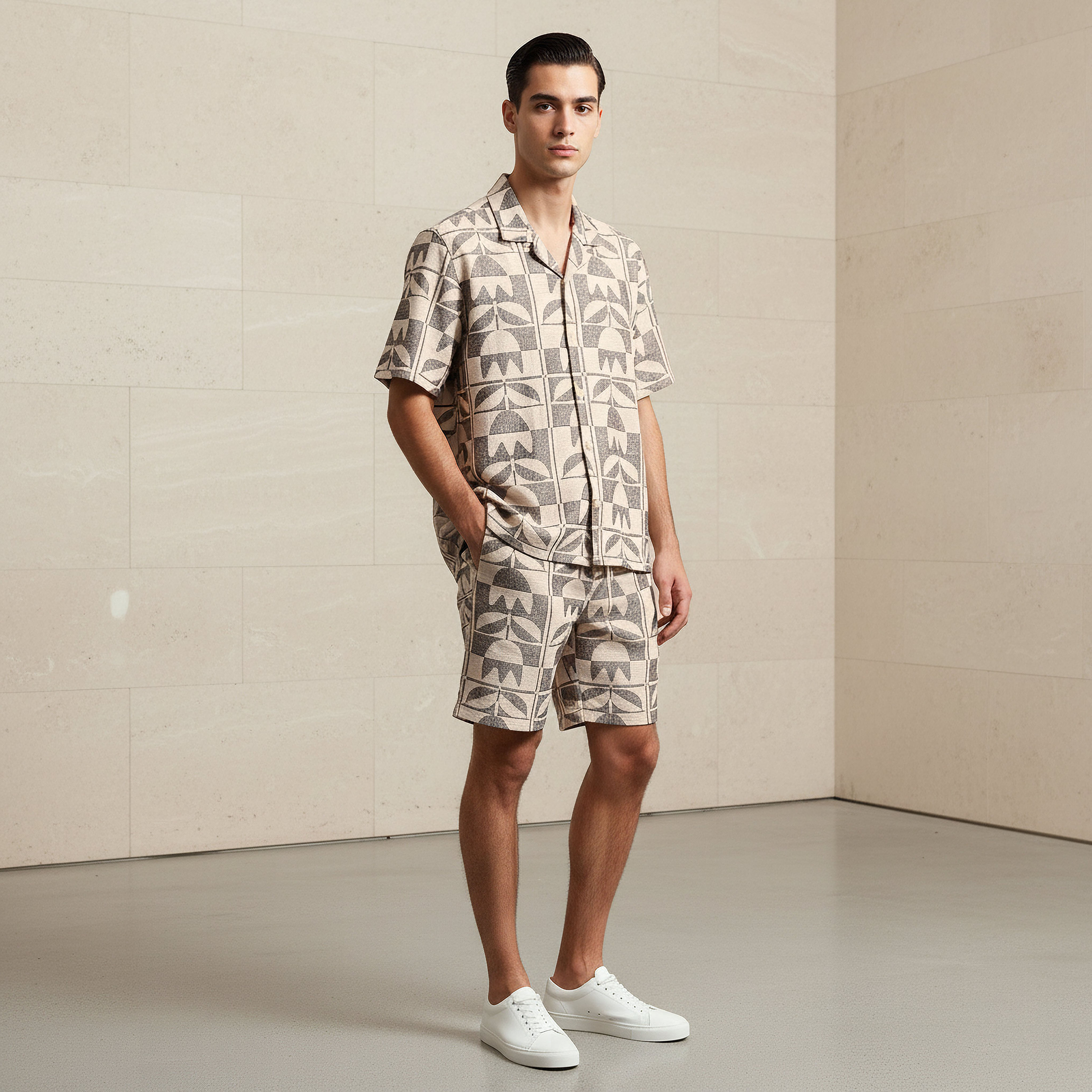 قميص جاكار رجالي بقصة عادية وياقة كامب وأكمام قصيرة-men-clothing-shirts-image-3