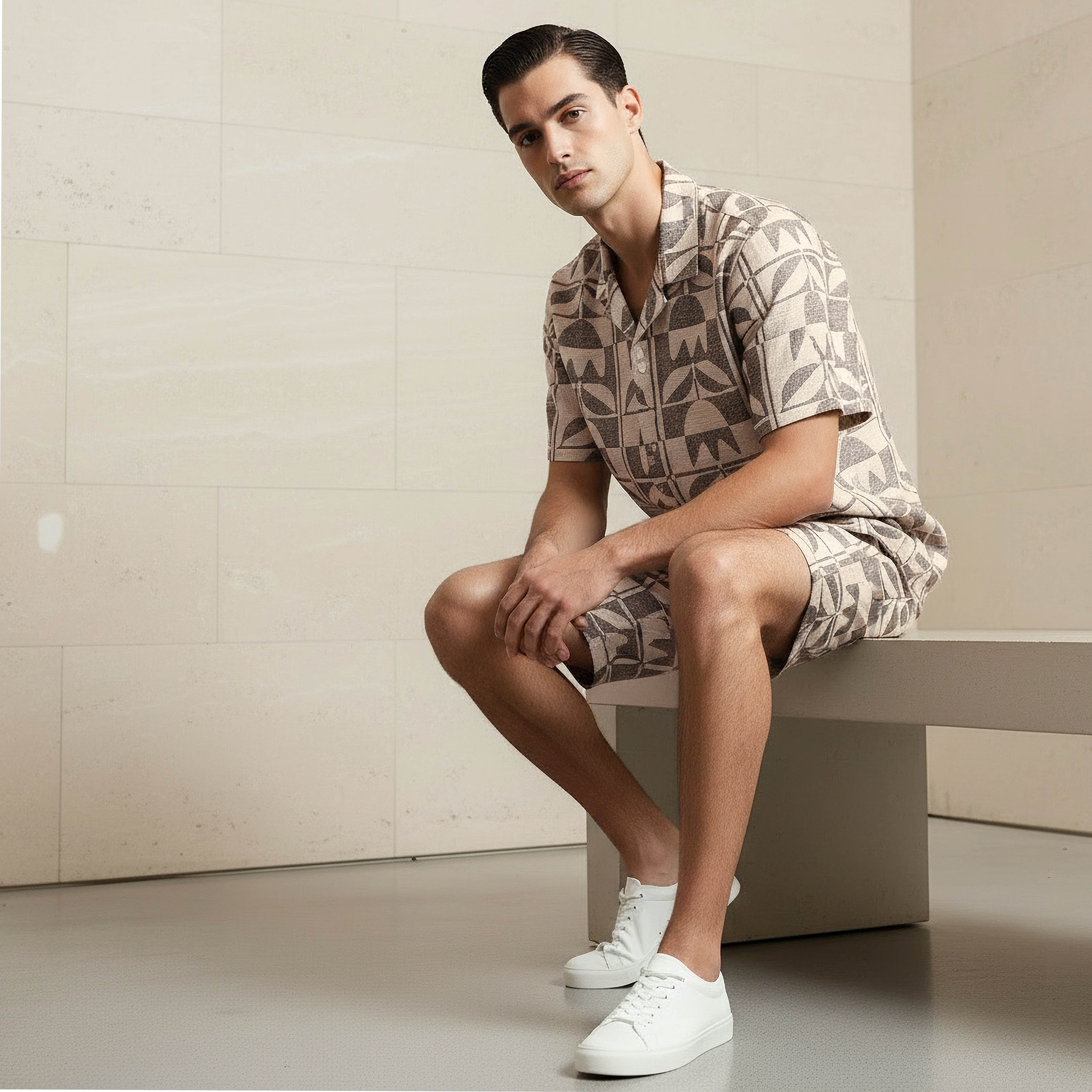 قميص جاكار رجالي بقصة عادية وياقة كامب وأكمام قصيرة-men-clothing-shirts-image-1