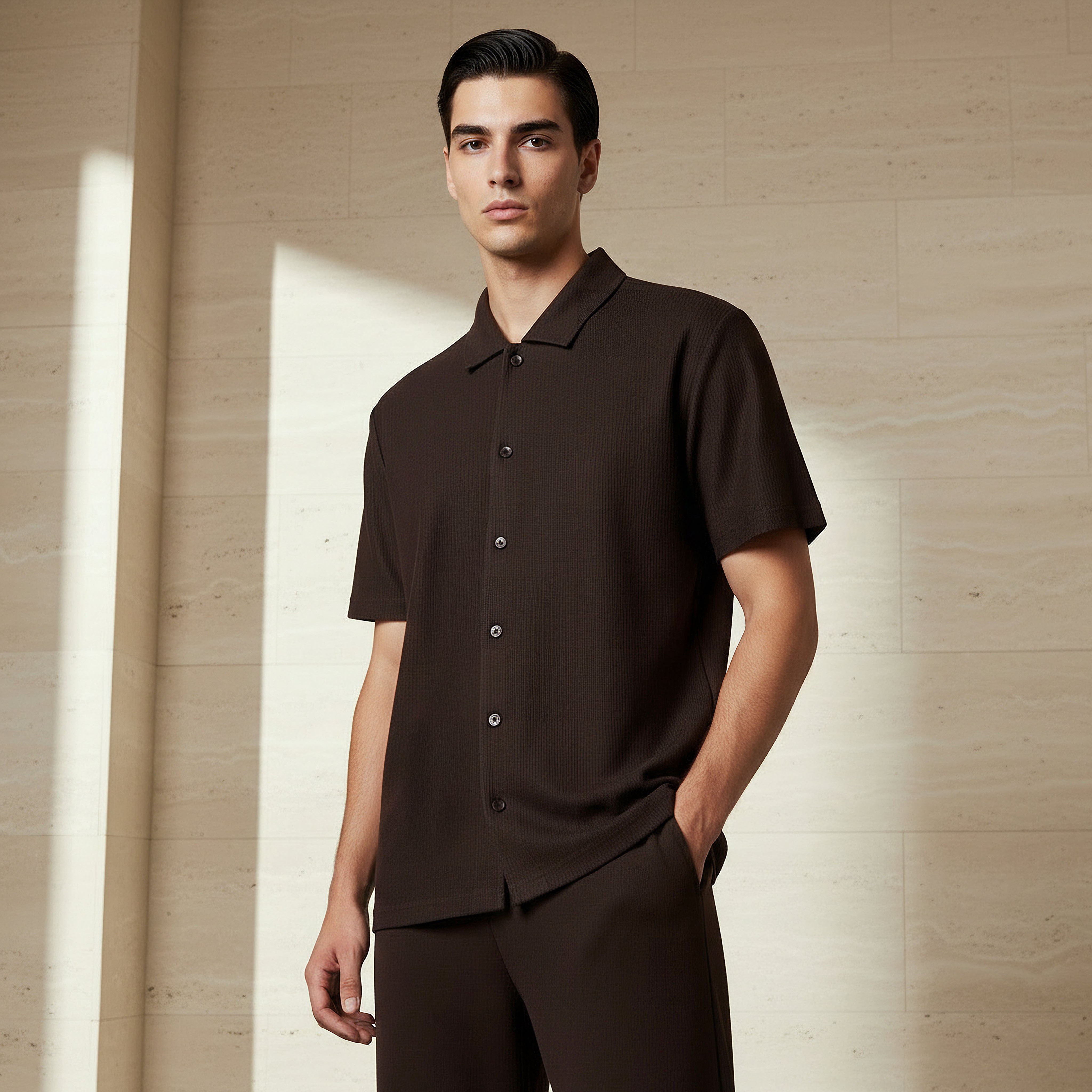 قميص بقصة عادية وياقة وملمس بارز وأكمام قصيرة للرجال-men-clothing-shirts-image-1