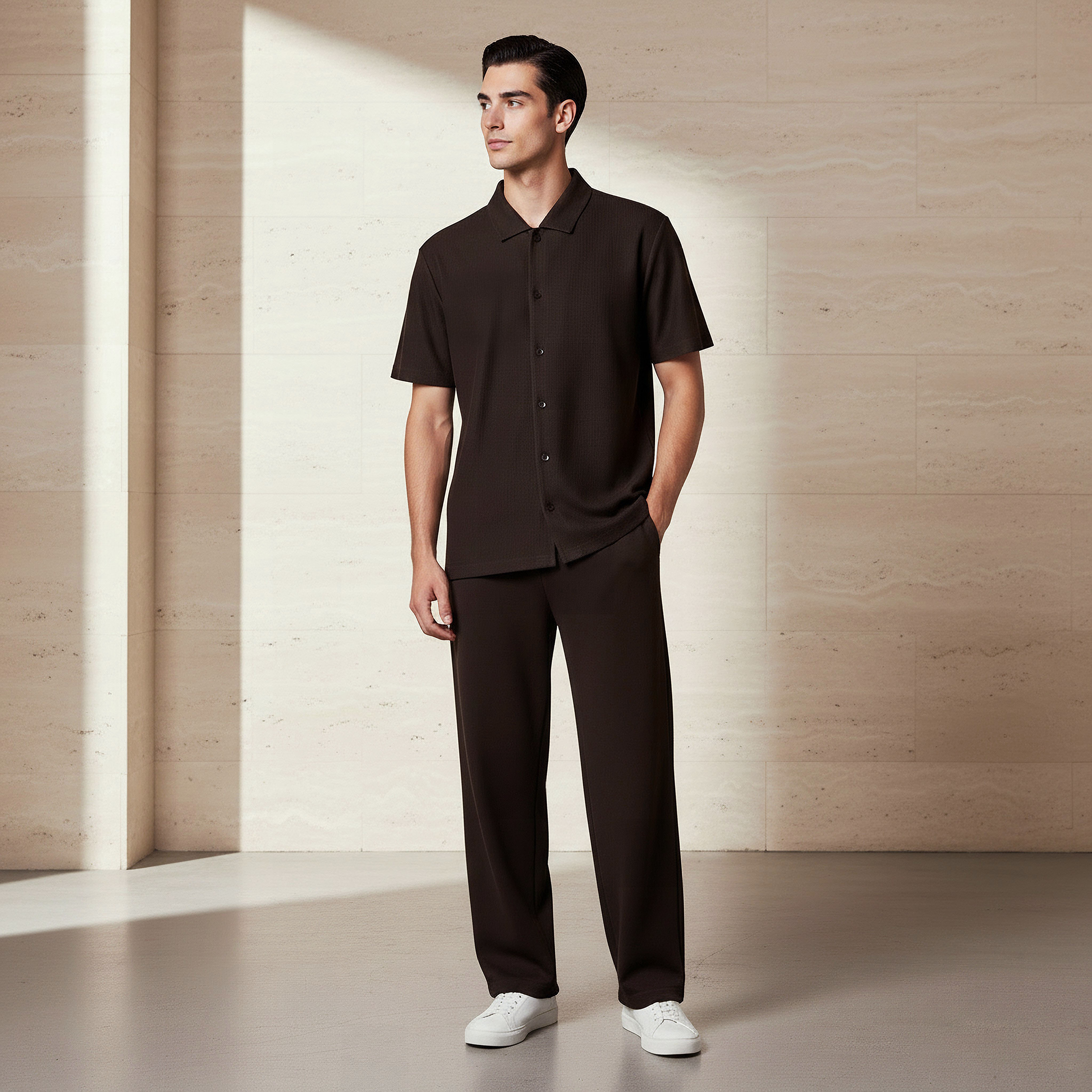 قميص بقصة عادية وياقة وملمس بارز وأكمام قصيرة للرجال-men-clothing-shirts-image-2