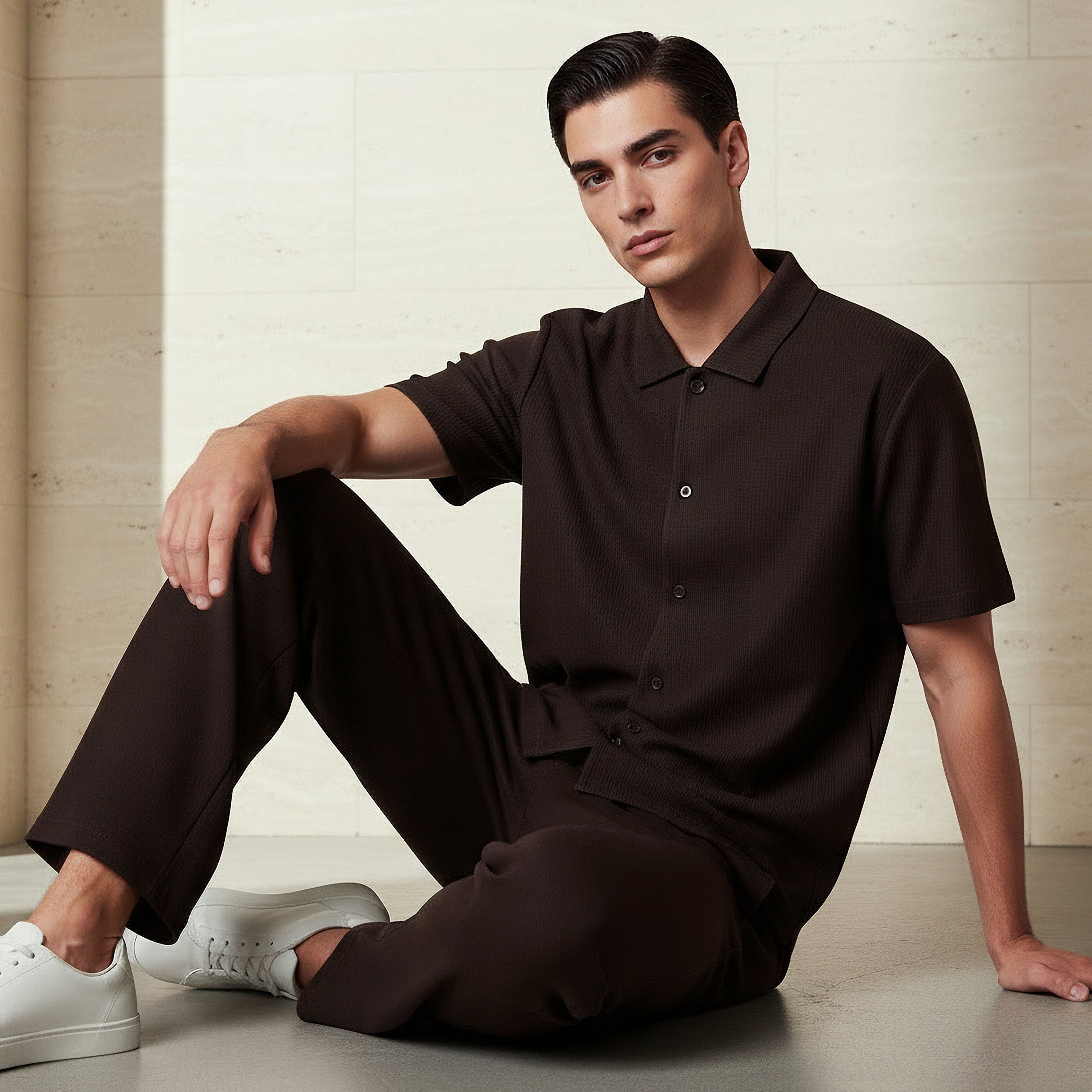 قميص بقصة عادية وياقة وملمس بارز وأكمام قصيرة للرجال-men-clothing-shirts-image-5