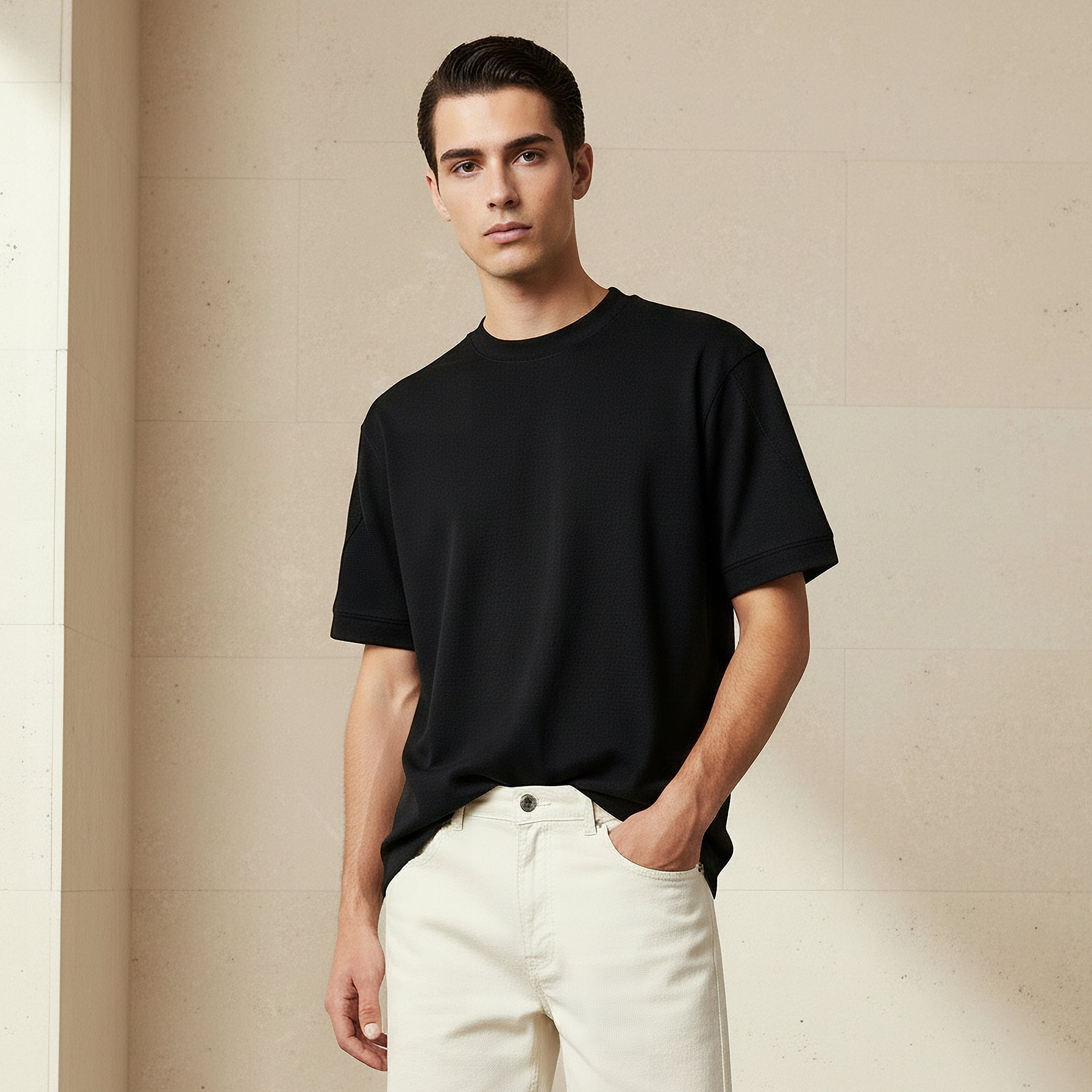 تيشيرت رجالي بارز الملمس بقصة مريحة وياقة ضيقة وأكمام قصيرة-men-clothing-tshirtsandpolos-tshirts-image-1
