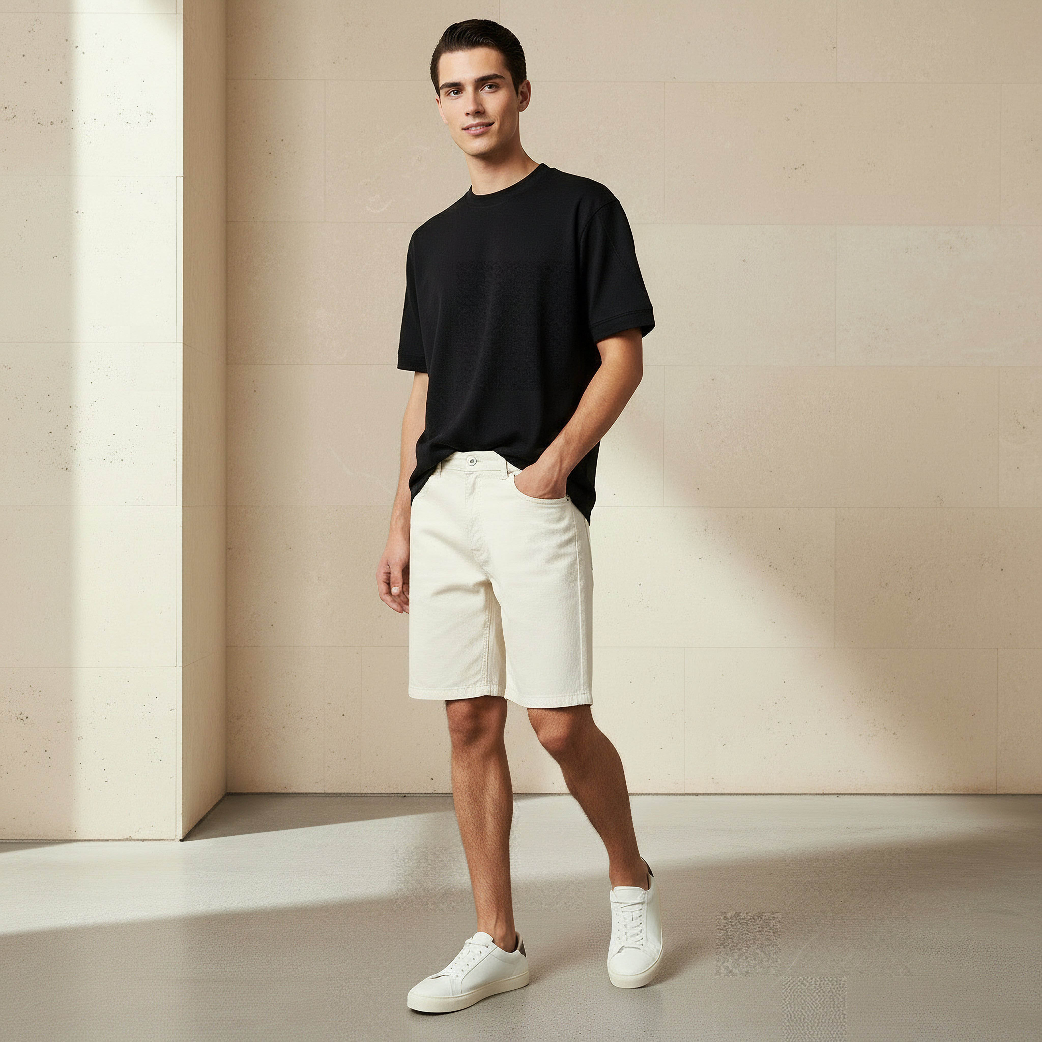 تيشيرت رجالي بارز الملمس بقصة مريحة وياقة ضيقة وأكمام قصيرة-men-clothing-tshirtsandpolos-tshirts-image-2