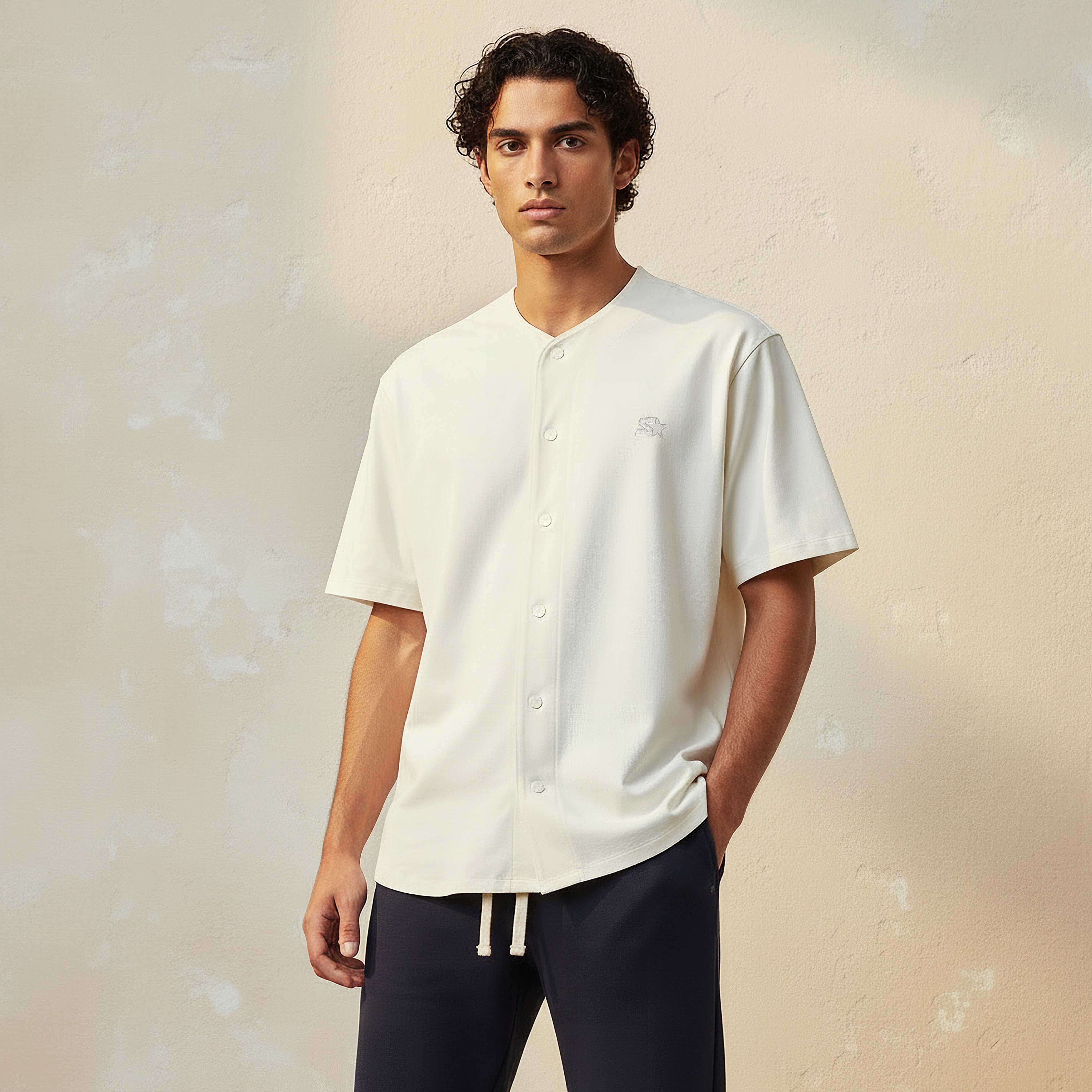 Men Regular Fit V-neck Embroidered Short Sleeves Baseball Shirt-men-clothing-shirts-image-1