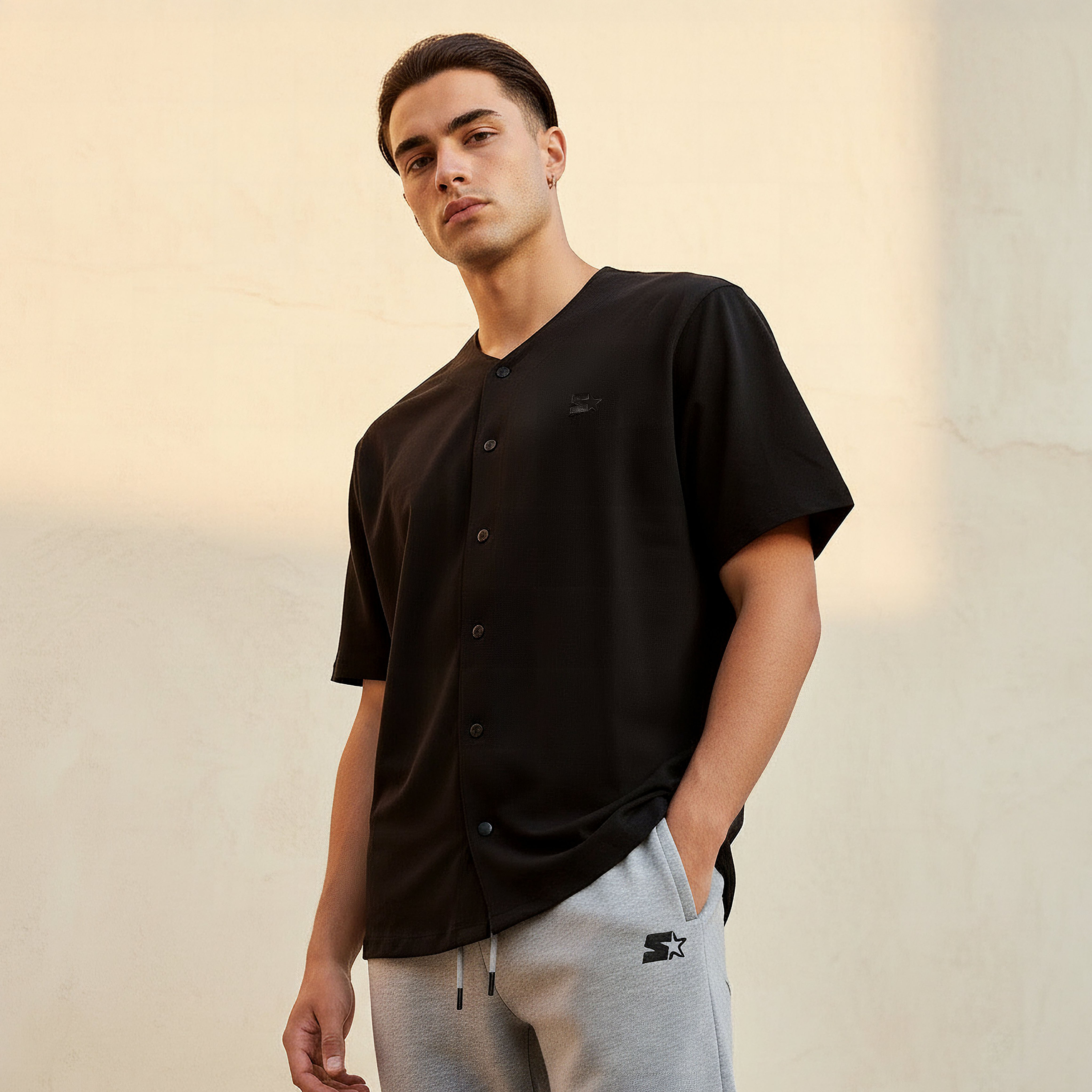 Men Regular Fit V-neck Embroidered Short Sleeves Baseball Shirt-men-clothing-shirts-image-1