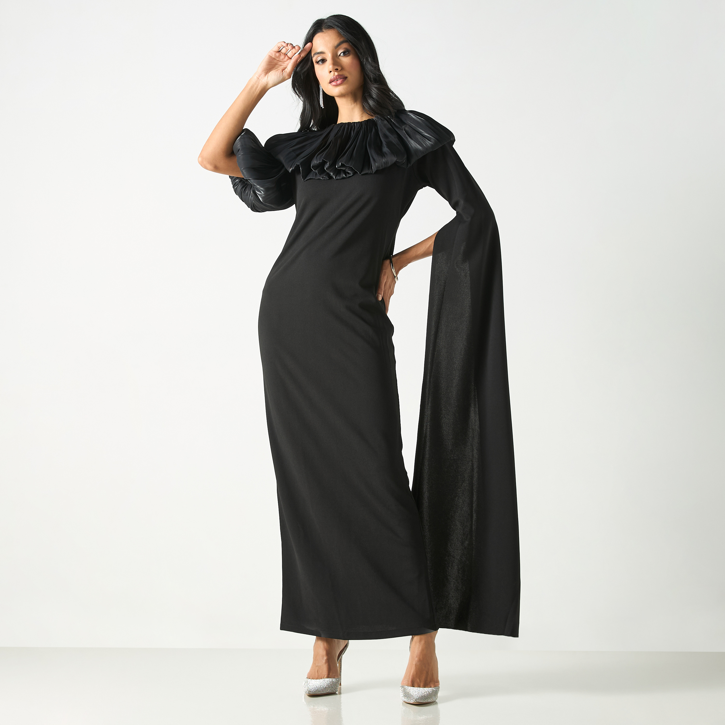 Solid Dress with Ruffles and Slit Detail-women-clothing-dresses-image-2