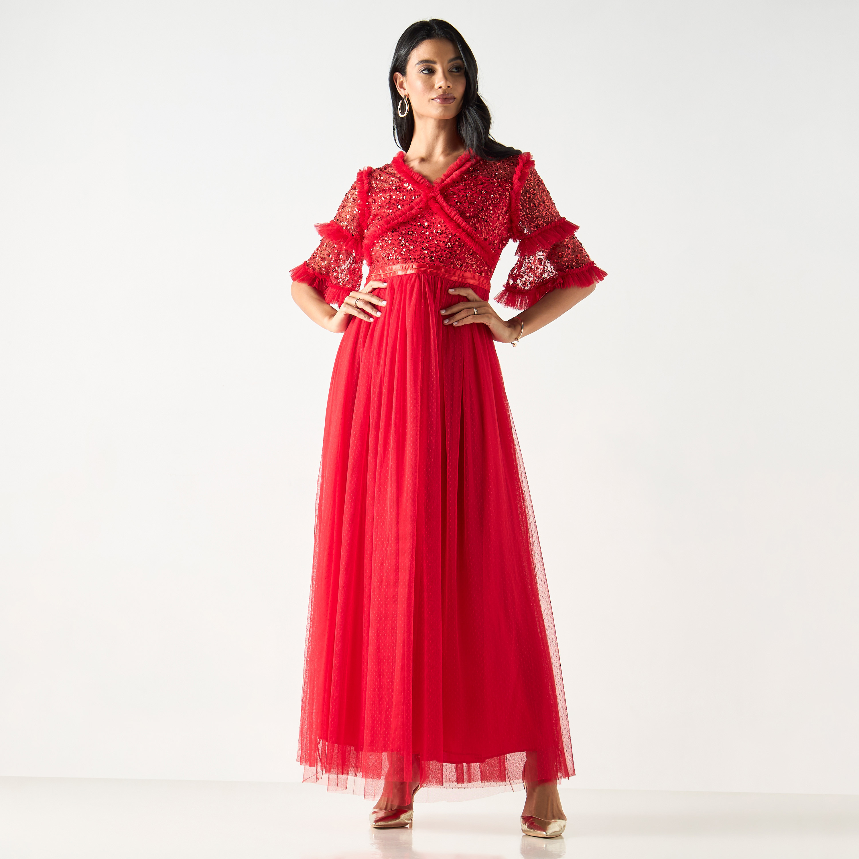 Sequin Maxi Dress with Net and Ruffle Detail-women-clothing-dresses-image-1
