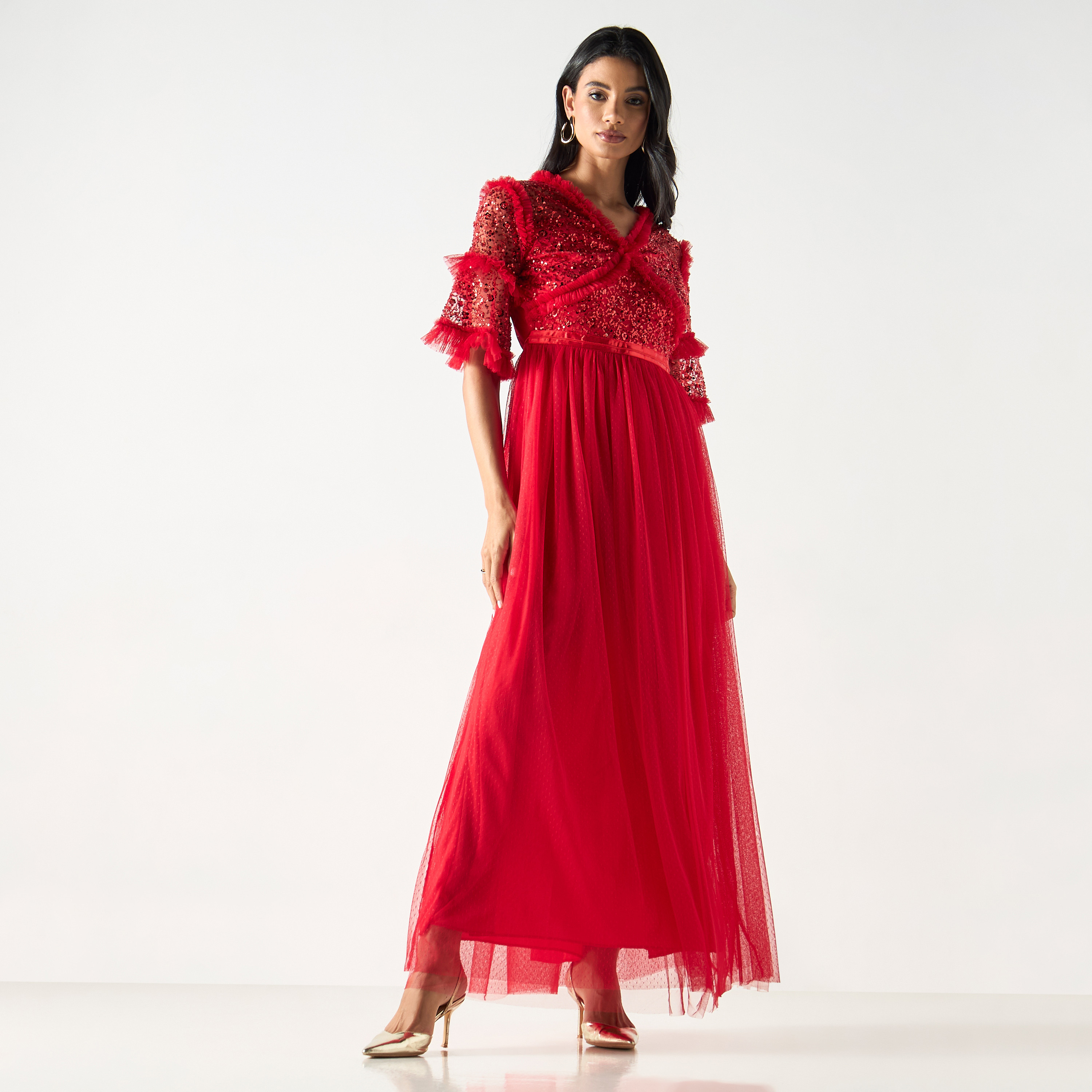 Sequin Maxi Dress with Net and Ruffle Detail-women-clothing-dresses-image-2