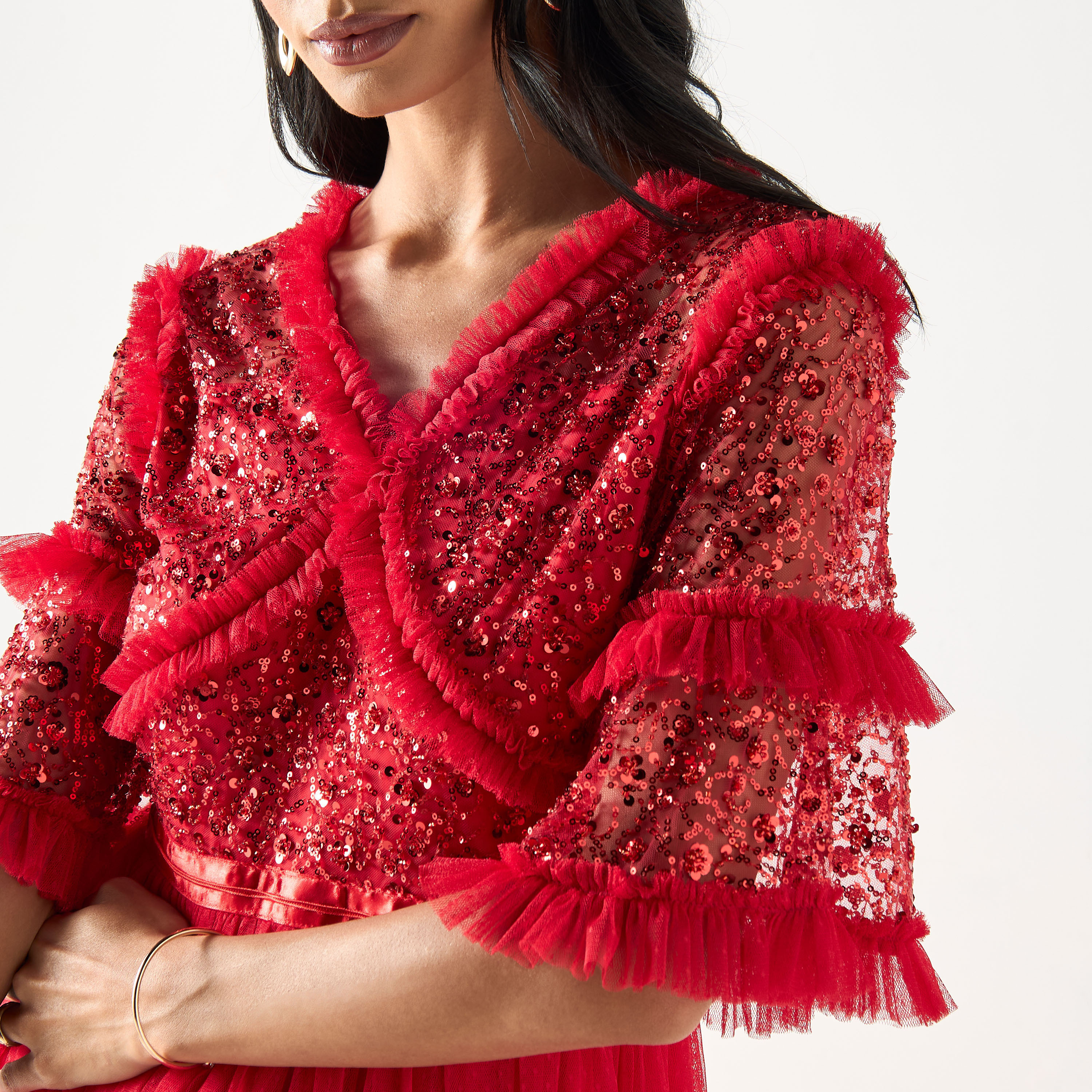 Sequin Maxi Dress with Net and Ruffle Detail-women-clothing-dresses-image-4