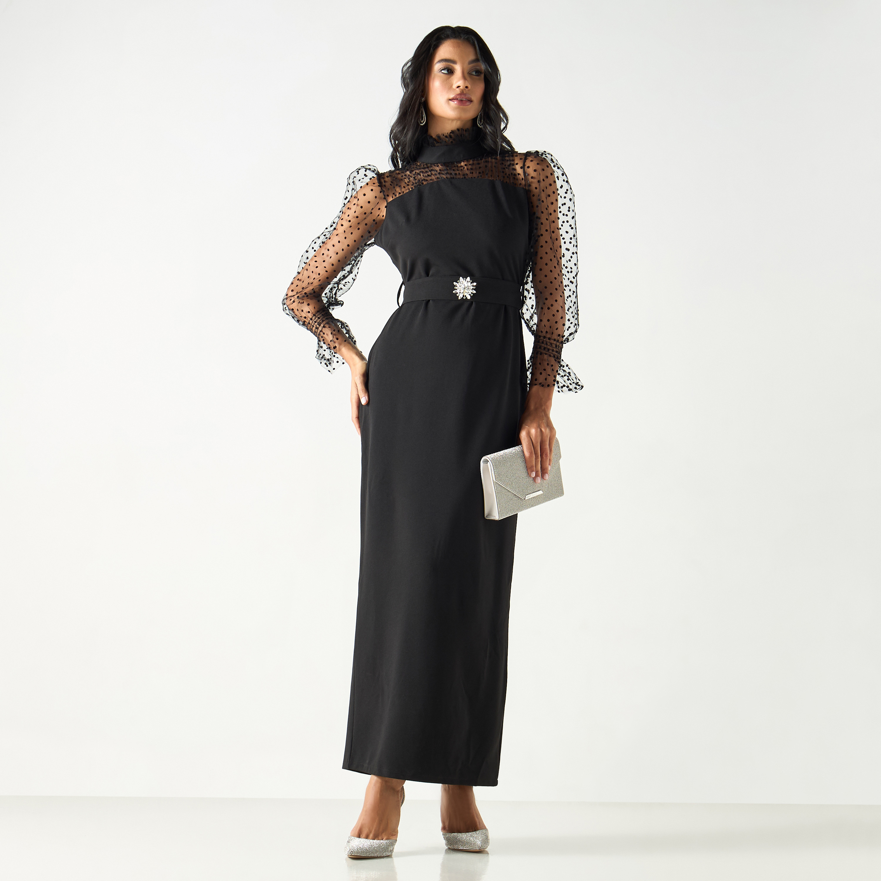 فستان طويل سادة بتفاصيل شبكة وفتحة خلفية-women-clothing-dresses-image-4