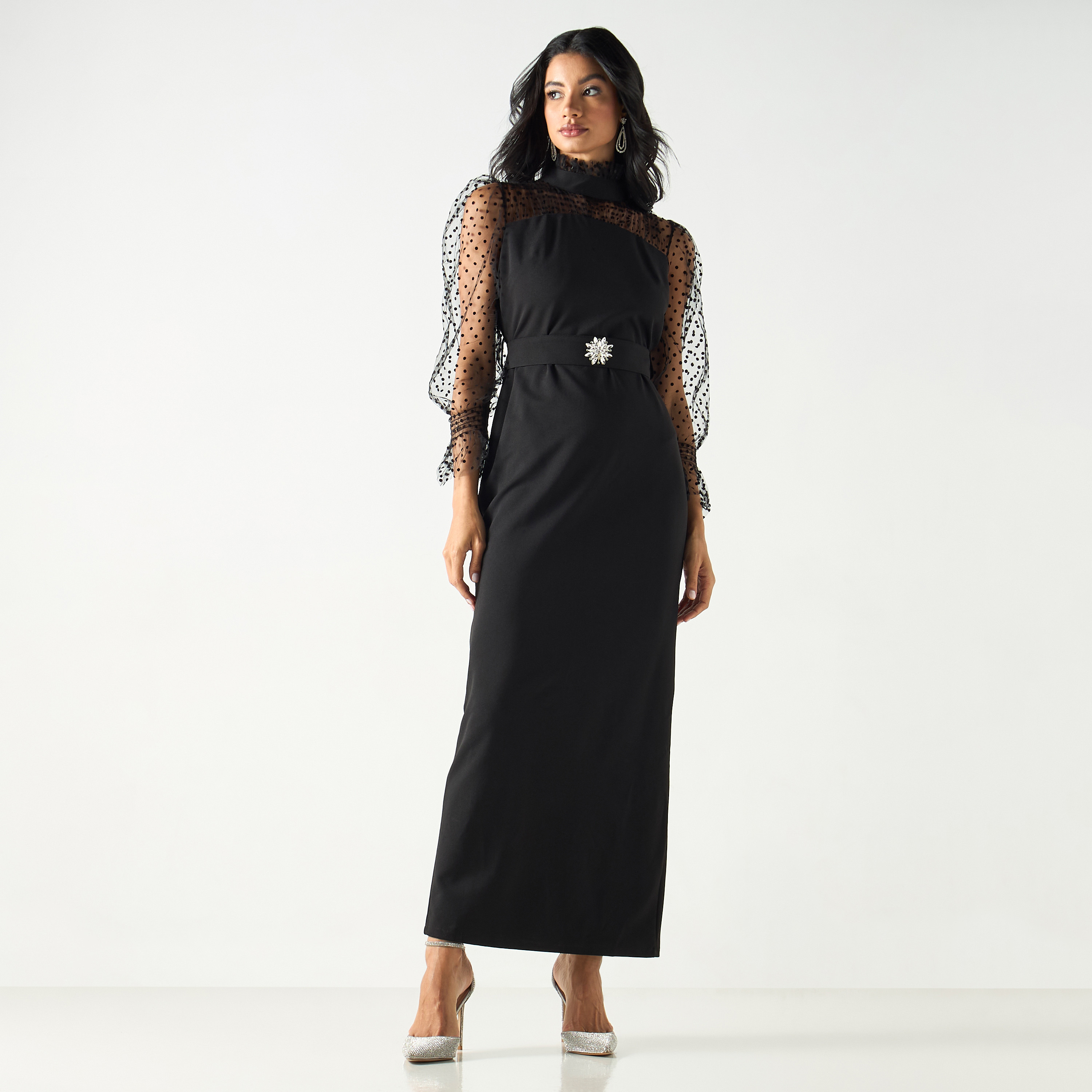 Solid Maxi Sheath Dress with Net Detail and Back Slit-women-clothing-dresses-image-2