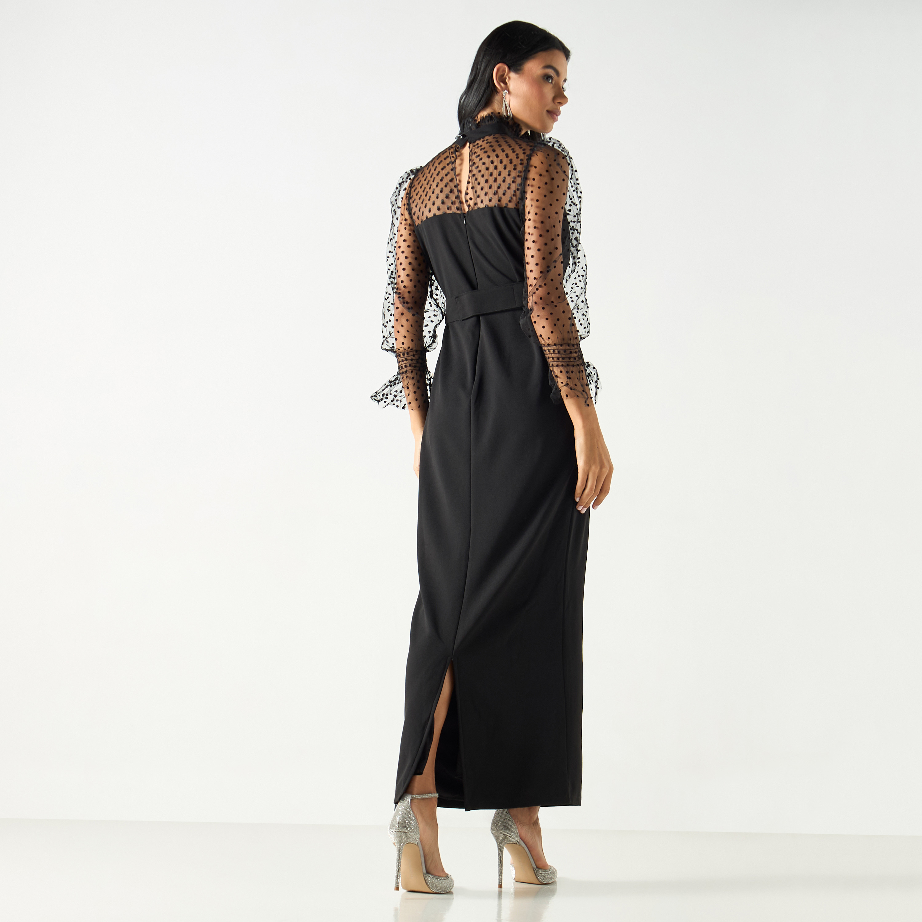 Solid Maxi Sheath Dress with Net Detail and Back Slit-women-clothing-dresses-image-3