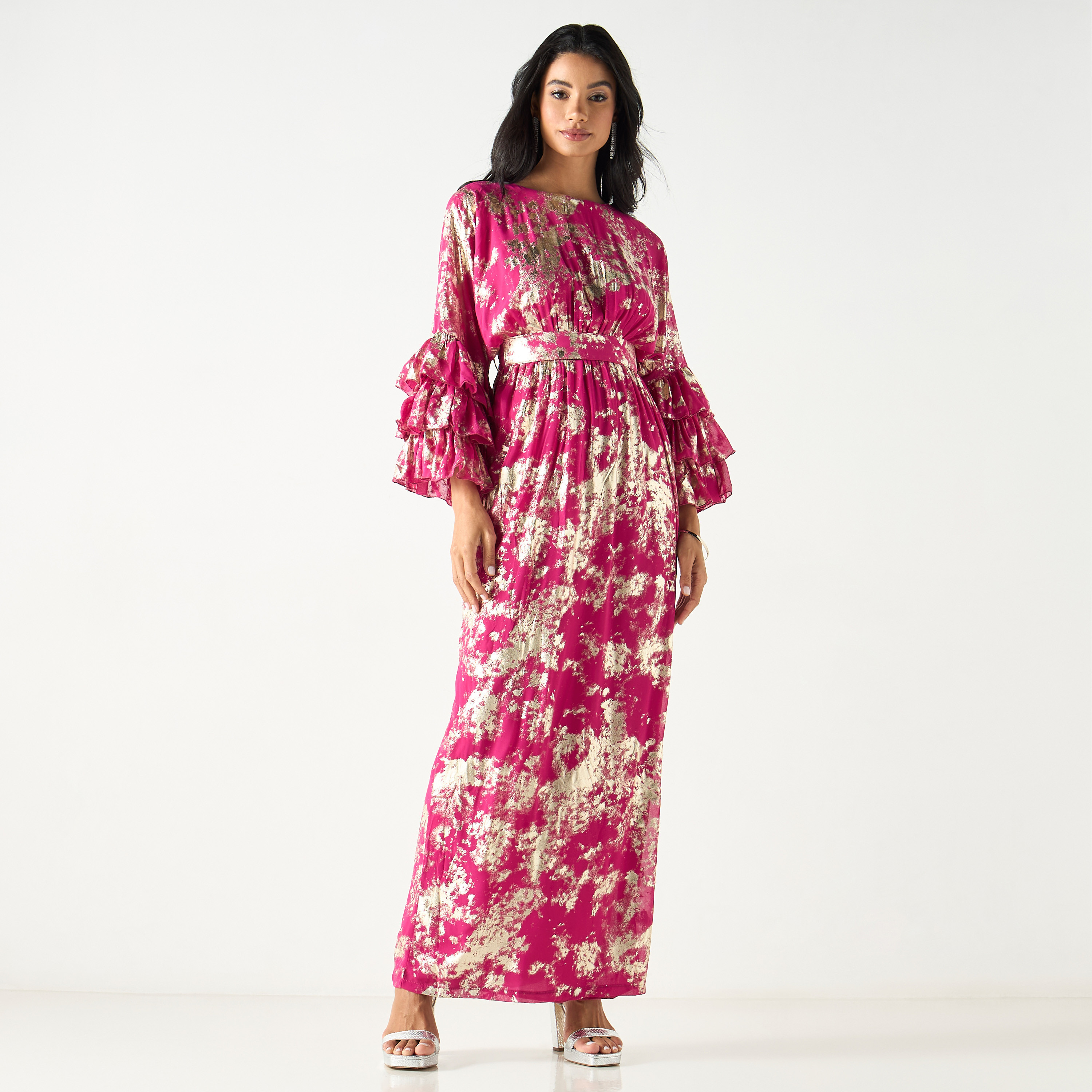 Golden Apple All-Over Foil Print Maxi Dress with Ruffled Sleeves-women-clothing-dresses-image-2