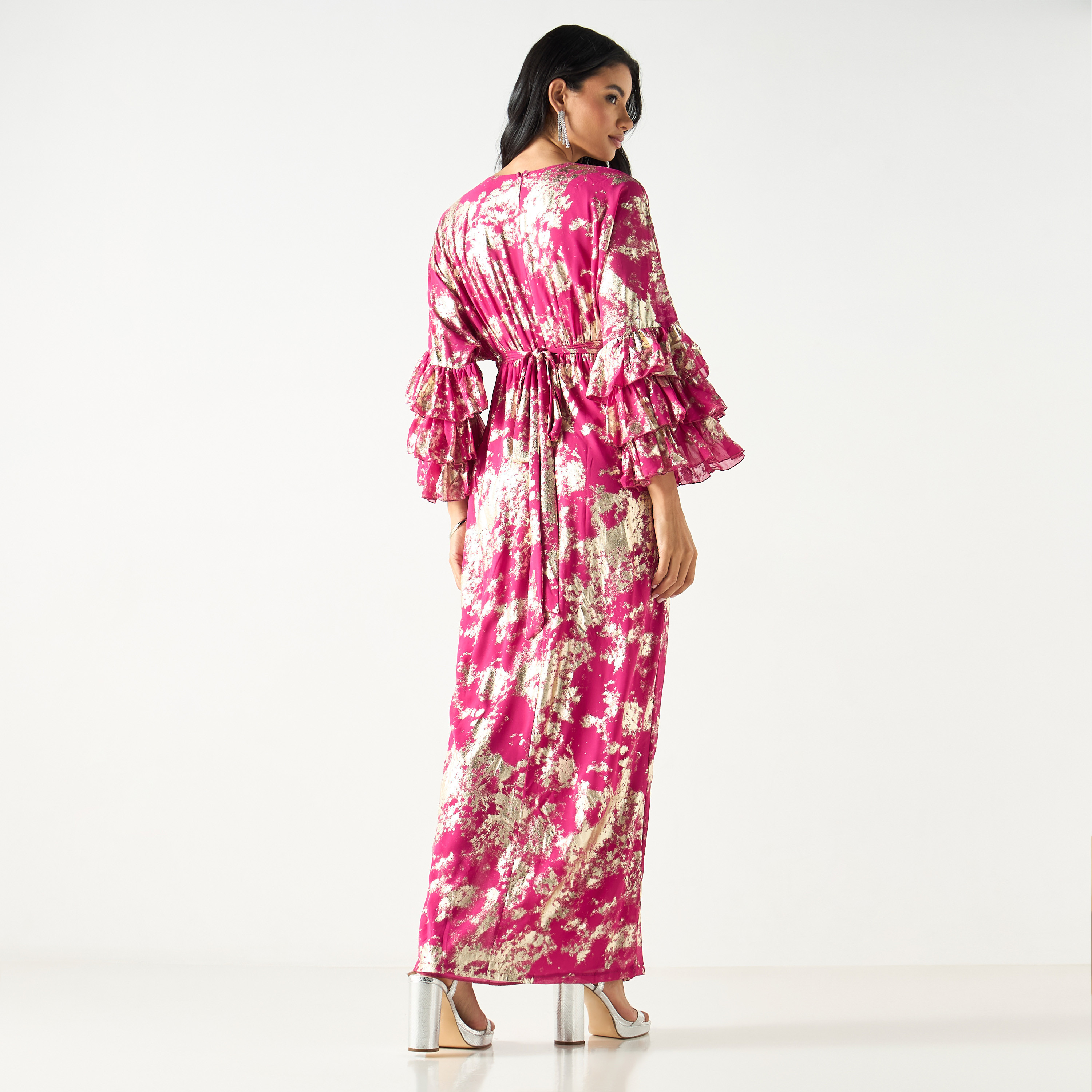 Golden Apple All-Over Foil Print Maxi Dress with Ruffled Sleeves-women-clothing-dresses-image-3