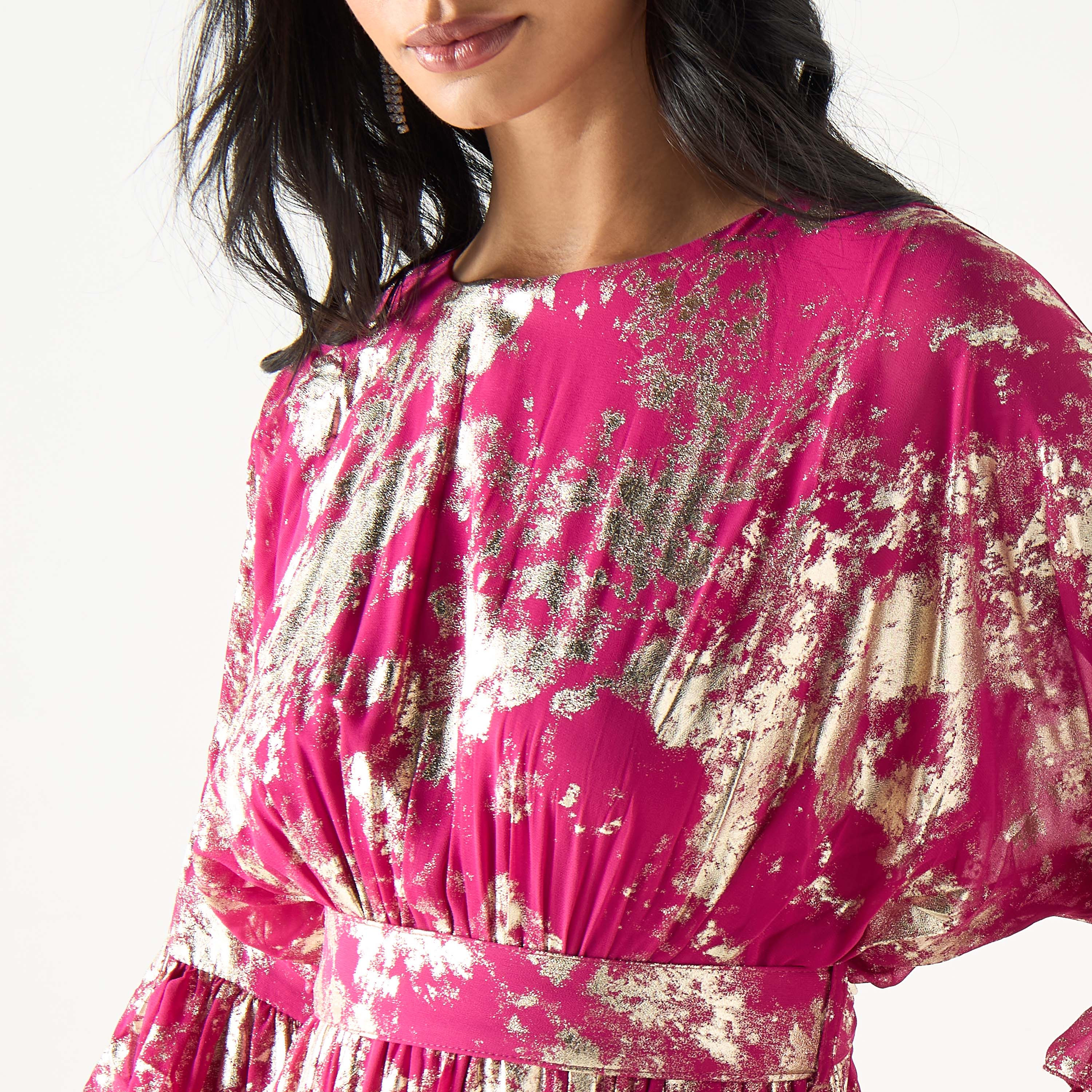 Golden Apple All-Over Foil Print Maxi Dress with Ruffled Sleeves-women-clothing-dresses-image-4