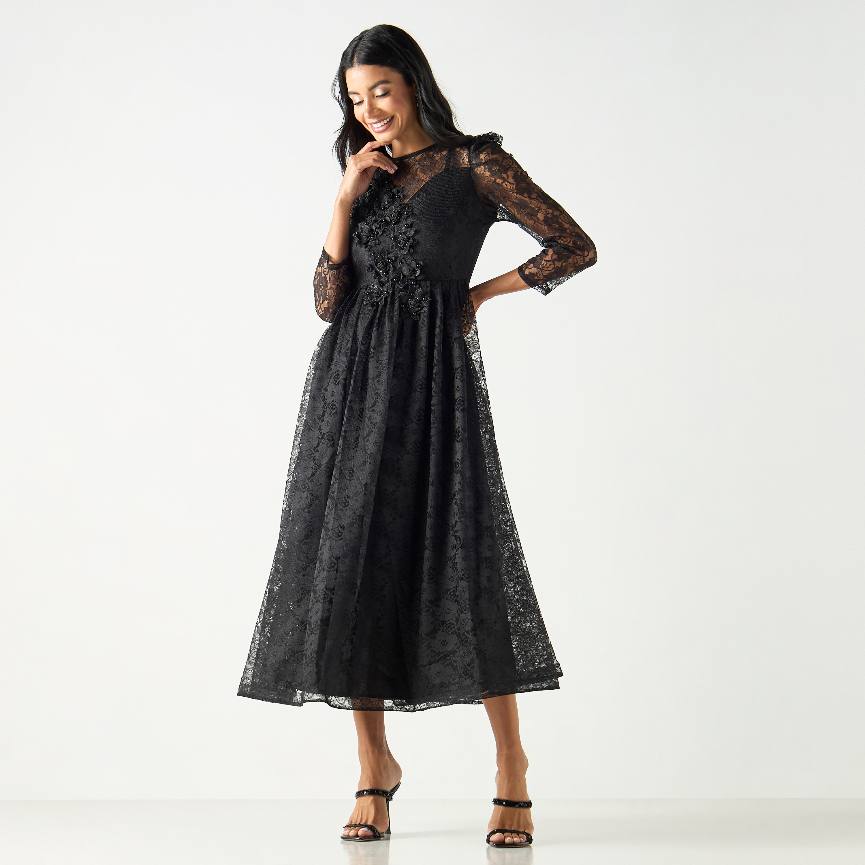 Solid Lace Detailed Midi Dress with Floral Applique-women-clothing-dresses-image-2