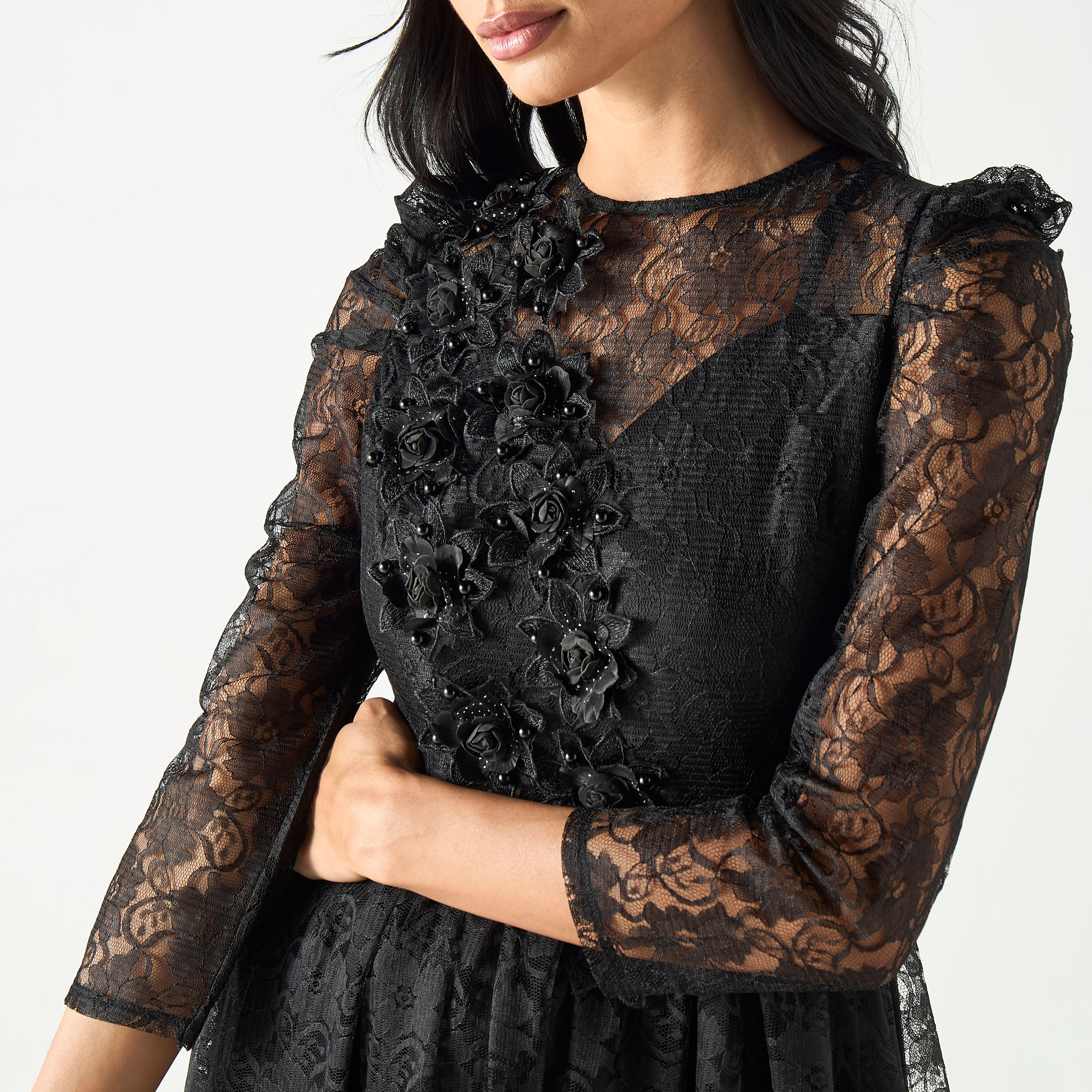 Solid Lace Detailed Midi Dress with Floral Applique-women-clothing-dresses-image-4