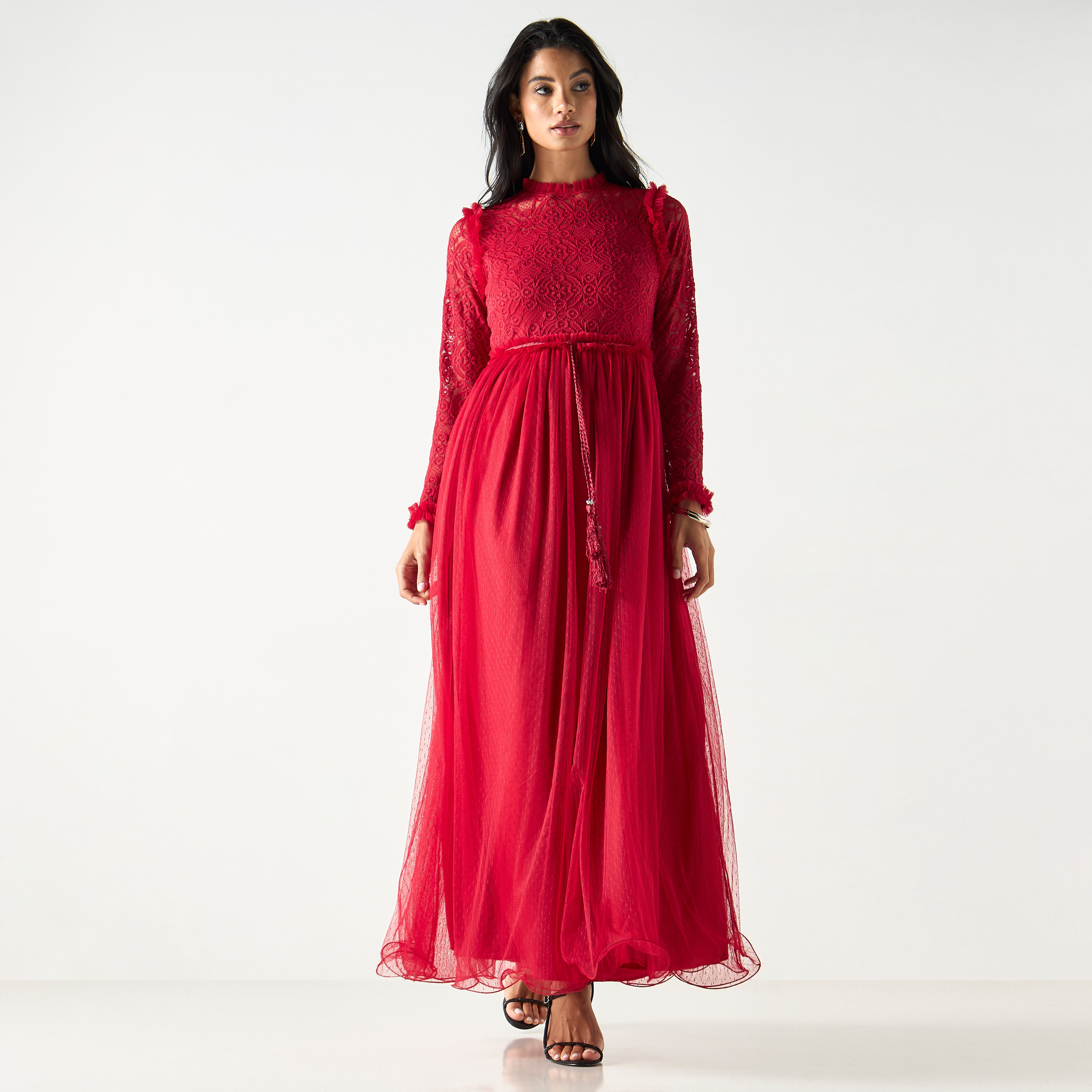 Golden Apple Lace Top Maxi Dress with Long Sleeves and Tie-Up Waist-women-clothing-dresses-image-1