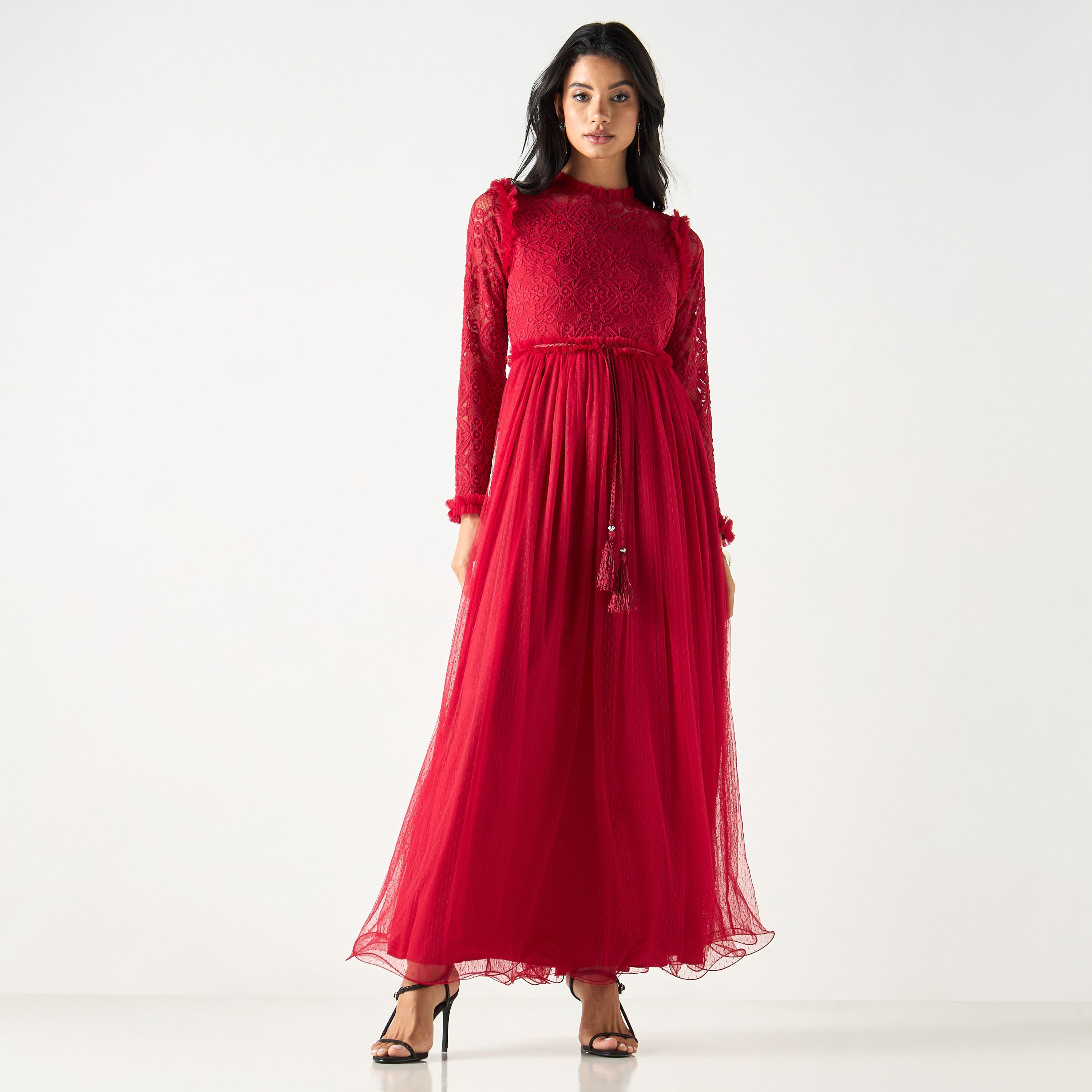 Golden Apple Lace Top Maxi Dress with Long Sleeves and Tie-Up Waist-women-clothing-dresses-image-2
