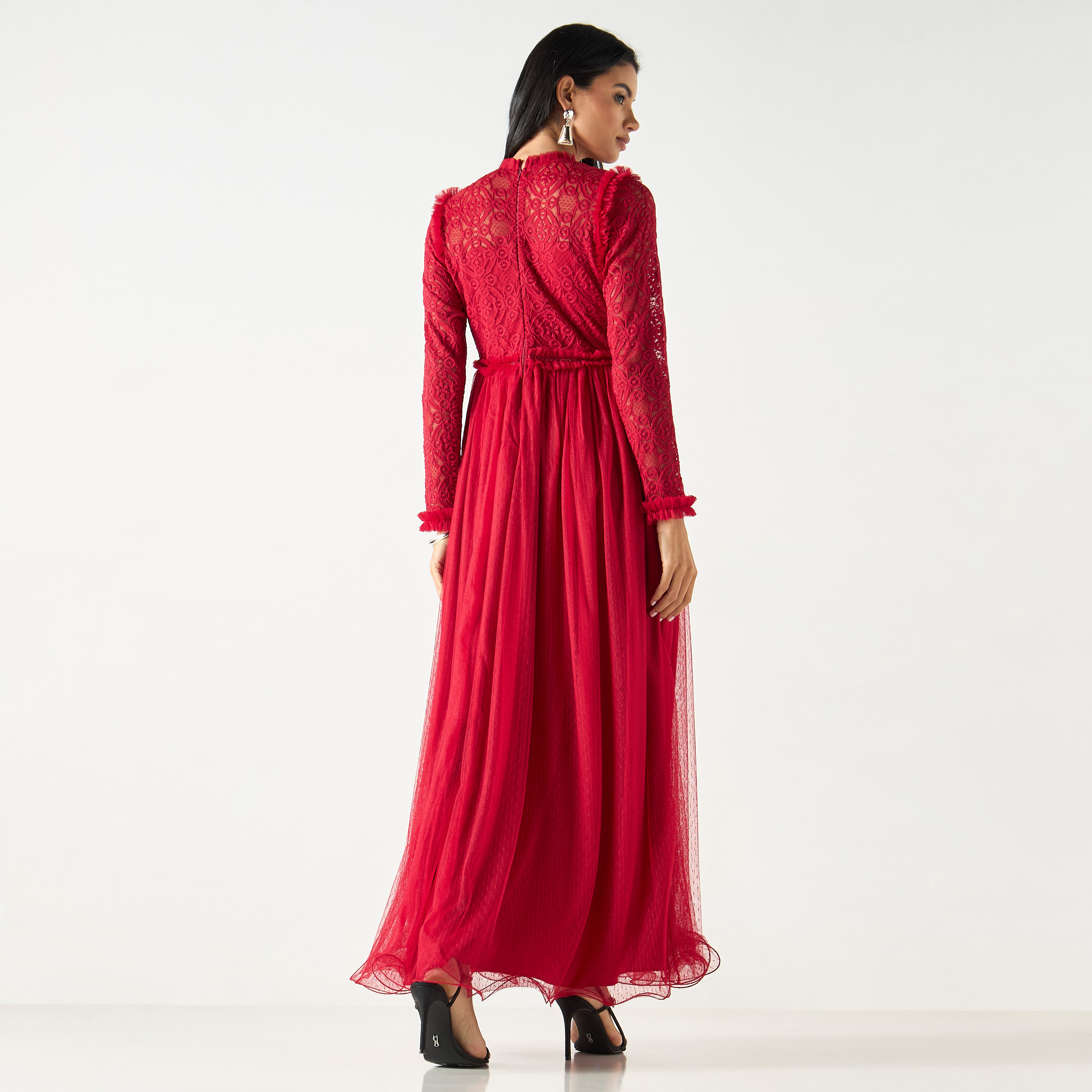 Golden Apple Lace Top Maxi Dress with Long Sleeves and Tie-Up Waist-women-clothing-dresses-image-3