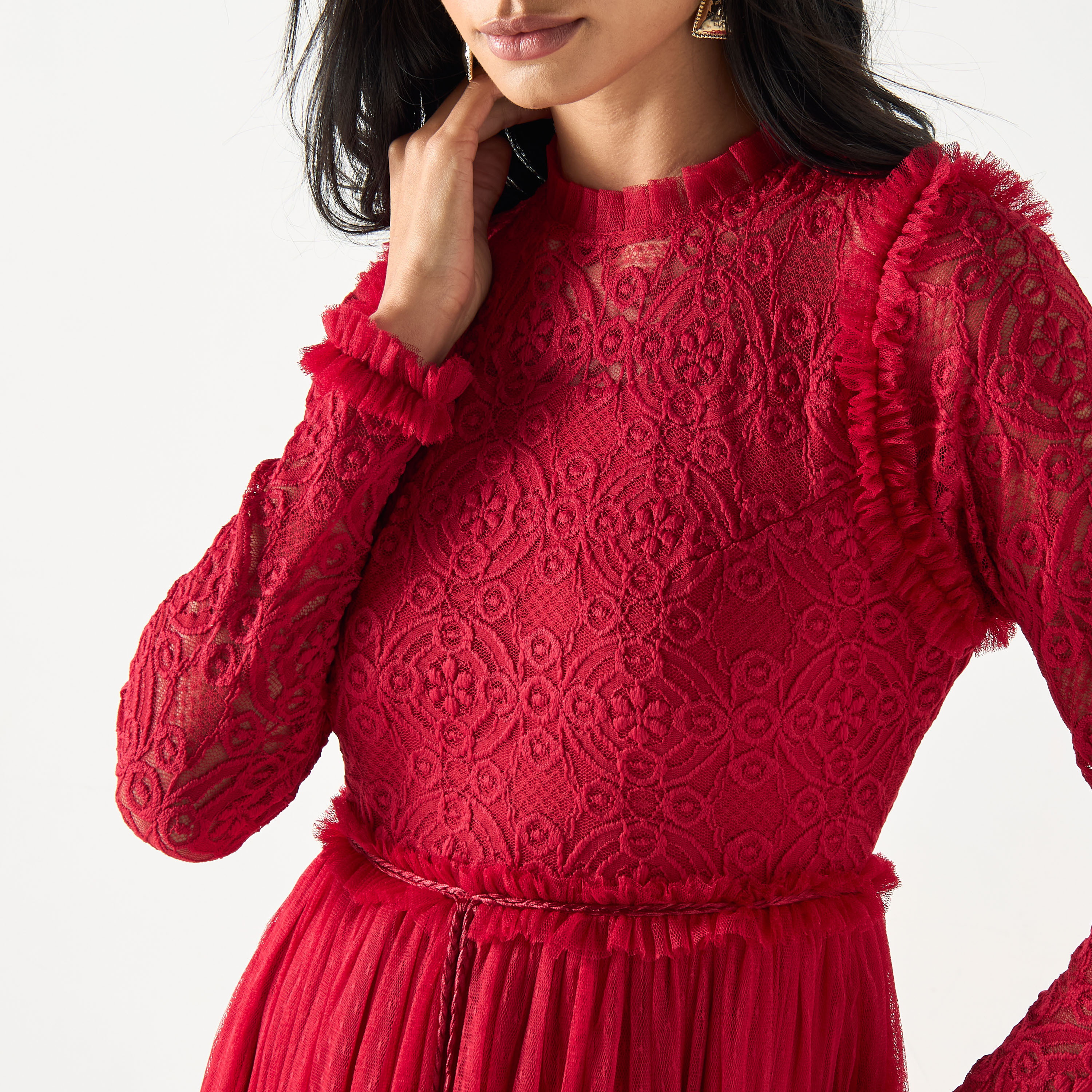 Golden Apple Lace Top Maxi Dress with Long Sleeves and Tie-Up Waist-women-clothing-dresses-image-4