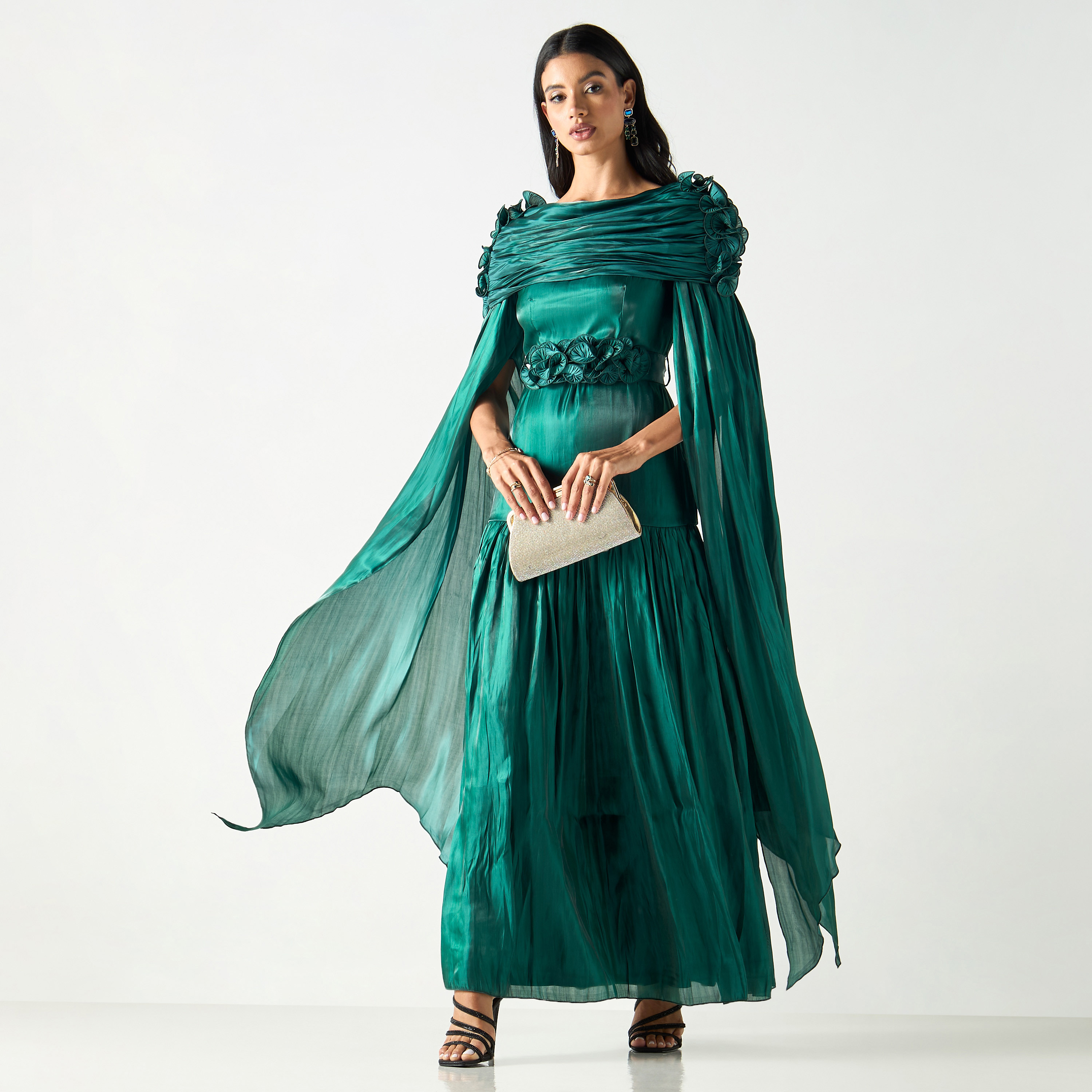 Golden Apple Split Sleeves Belted Maxi Dress with Ruffle Accent-women-clothing-dresses-image-1