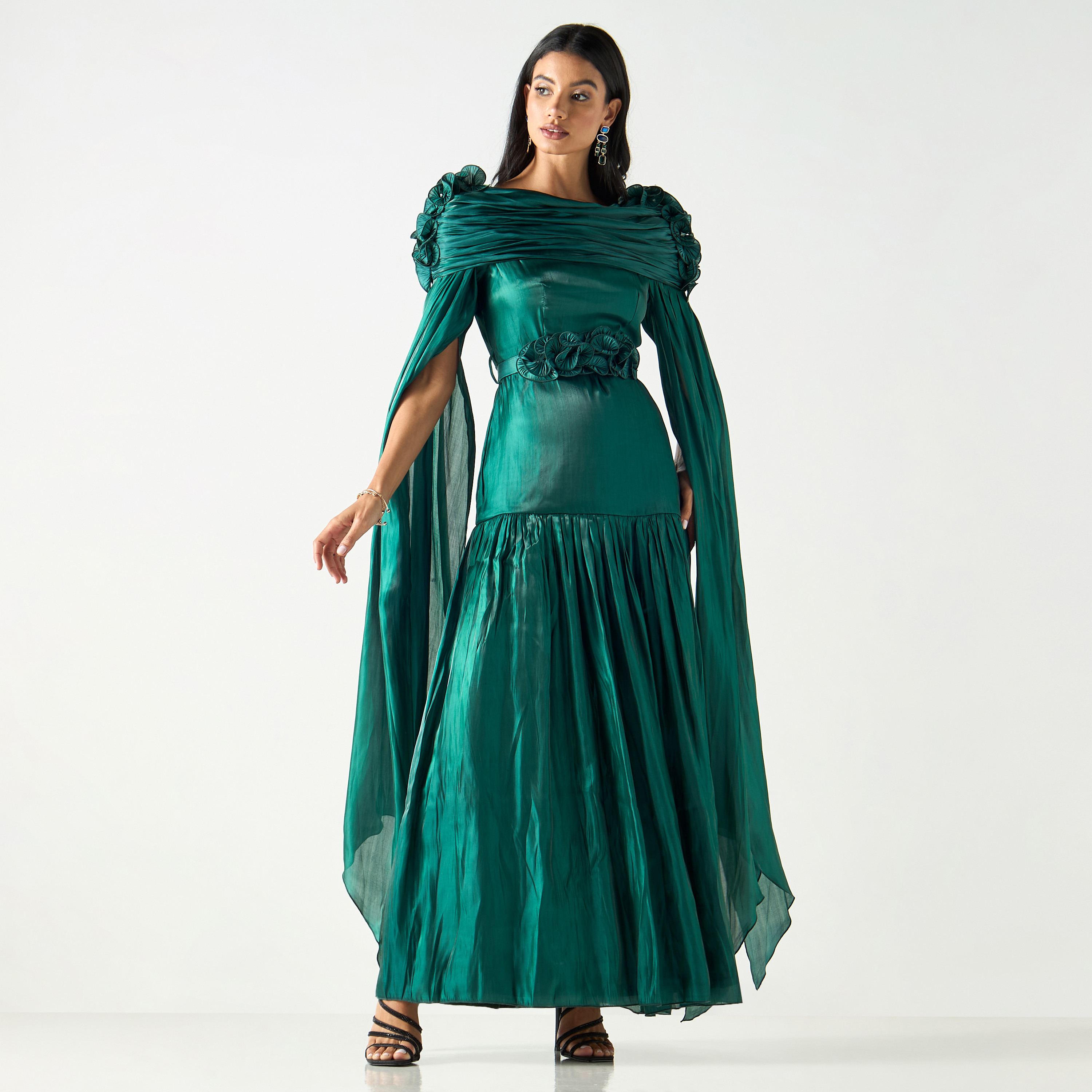 Golden Apple Split Sleeves Belted Maxi Dress with Ruffle Accent-women-clothing-dresses-image-2